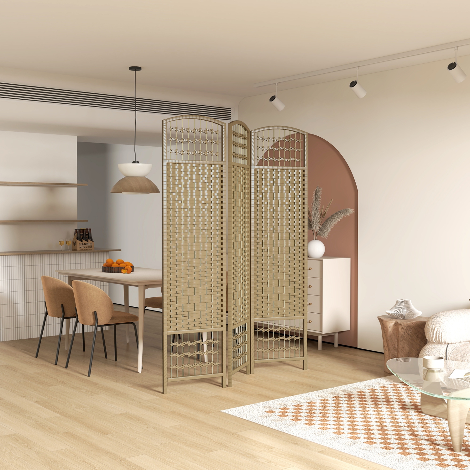 HOMCOM 3 Panel Room Divider, 5.6 ft Tall Folding Privacy Screen, Wave Fiber Freestanding Partition Wall Divider for Home Office, Natural