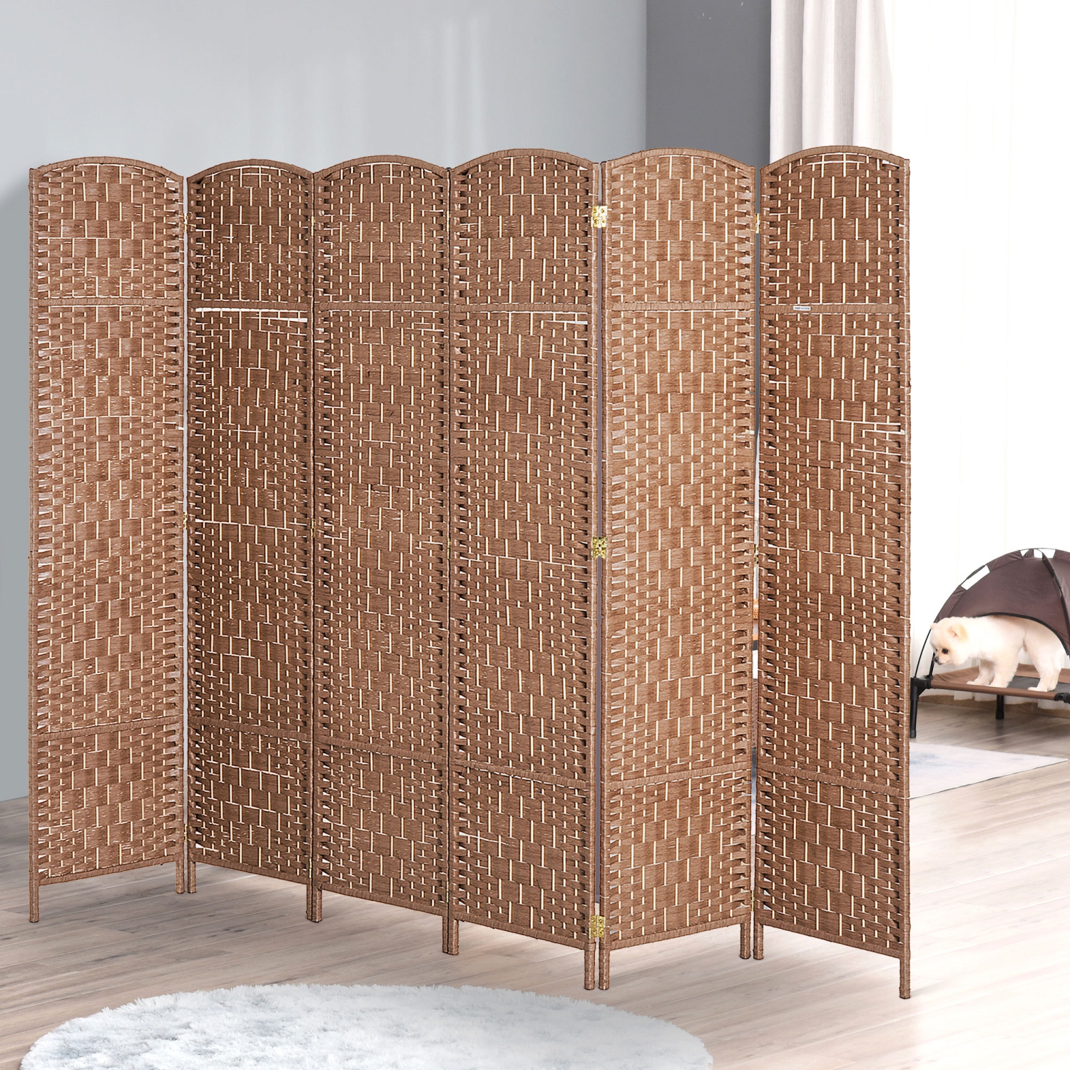 HOMCOM 6 Panels Room Divider, 6 Ft Tall Indoor Portable Folding Privacy Screens, Hand-Woven Double Hinged Freestanding Partition Wall Divider for