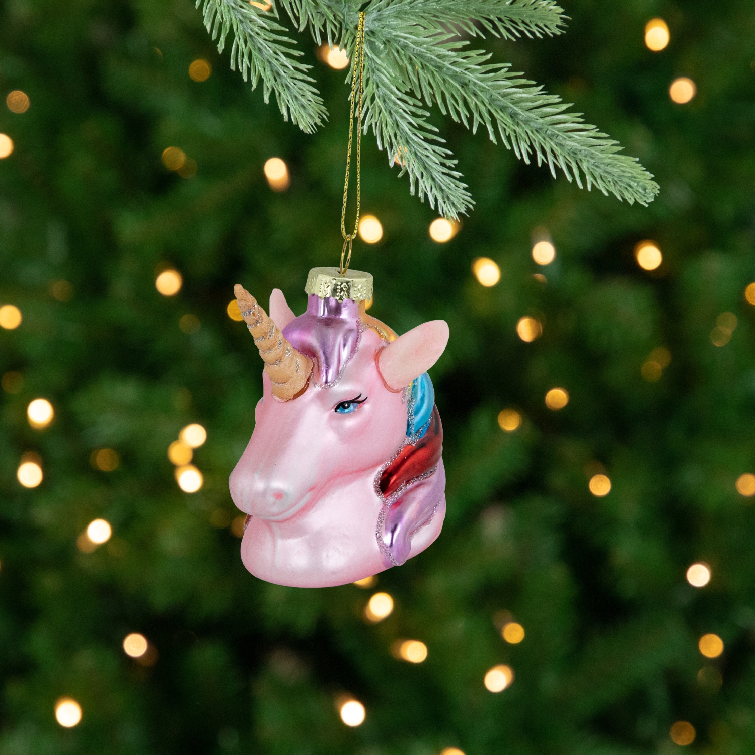 3.5" Pink Unicorn Head with Rainbow Mane Glass Christmas Ornament