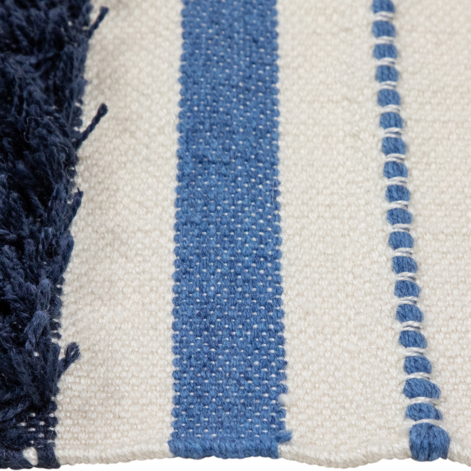 3.5' x 2.25' Blue, Cream and Black Striped Handloom Woven Outdoor Accent Throw Rug