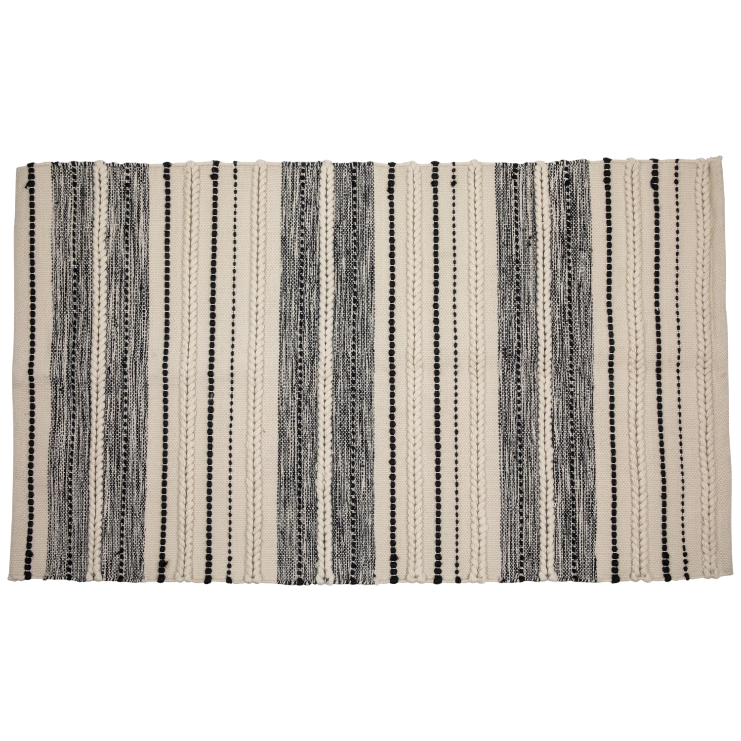 Tapis décoratif d'extérieur tissé crème et noir torsadé texturé, 3,5 x 2,25 pi
