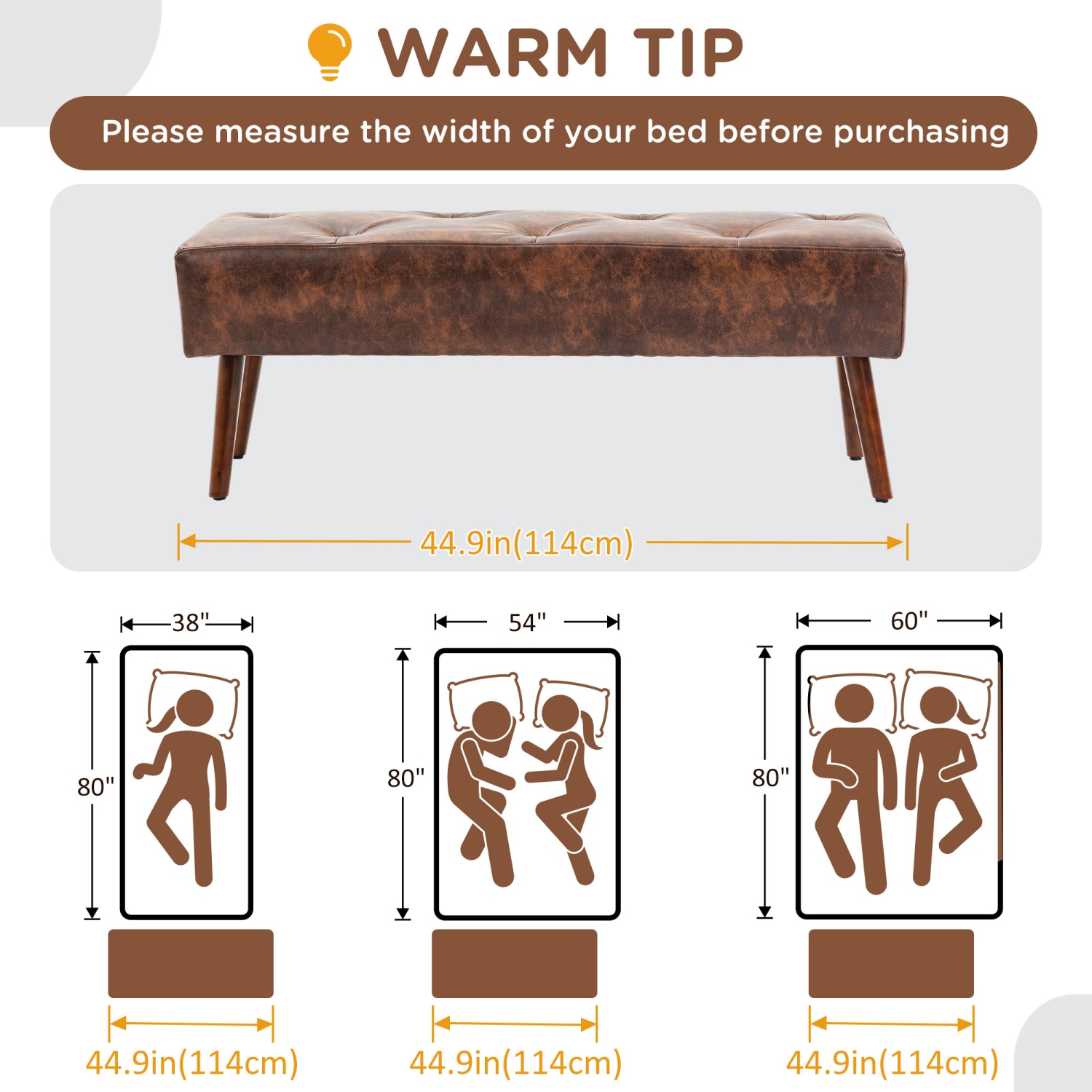 HOMCOM – Banc d'extrémité recouvert de cuir PU, banc d'entrée de chambre de 45&nbsp;po avec capitonnage à boutons et pattes en bois pour la salle à