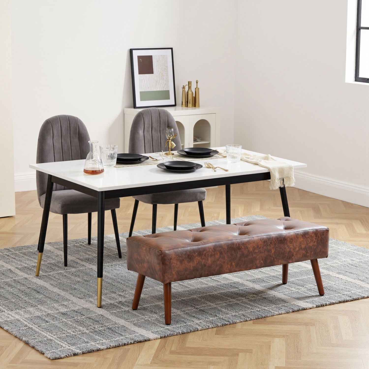 HOMCOM – Banc d'extrémité recouvert de cuir PU, banc d'entrée de chambre de 45&nbsp;po avec capitonnage à boutons et pattes en bois pour la salle à