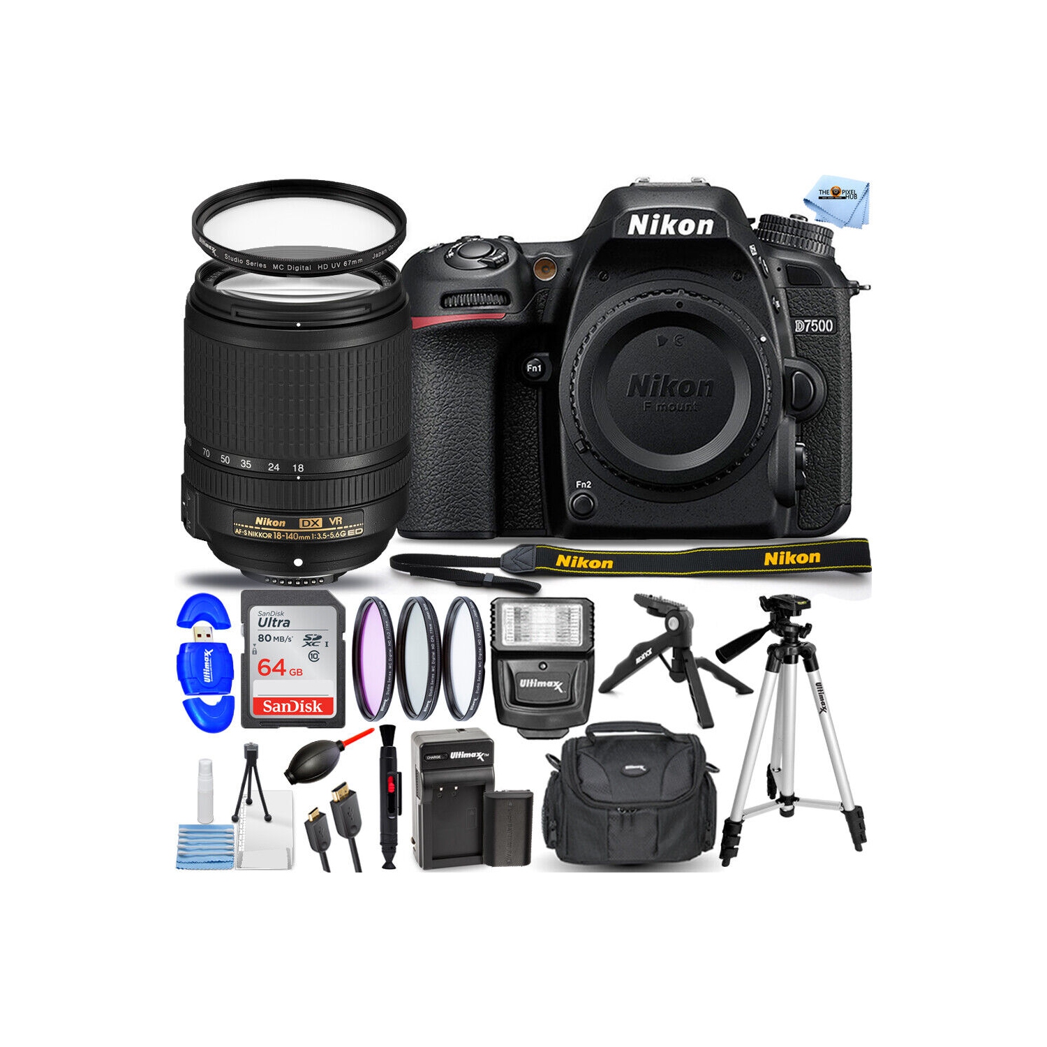 Nikon D7500 DSLR Camera with 18-140mm Lens + 64GB + Filter Kit + Flash Bundle