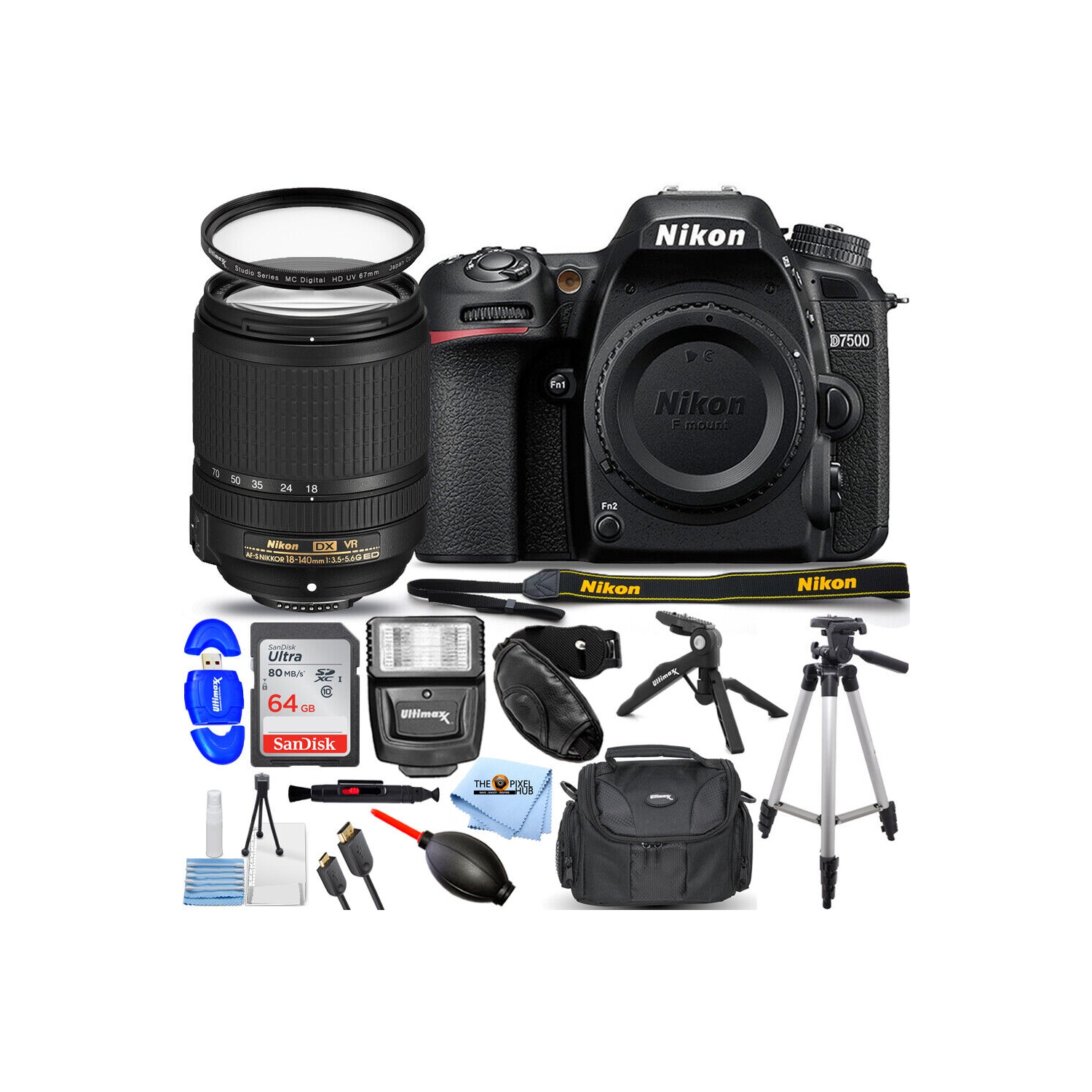 Nikon D7500 DSLR Camera with 18-140mm Lens + 64GB + Flash + Tripod Bundle