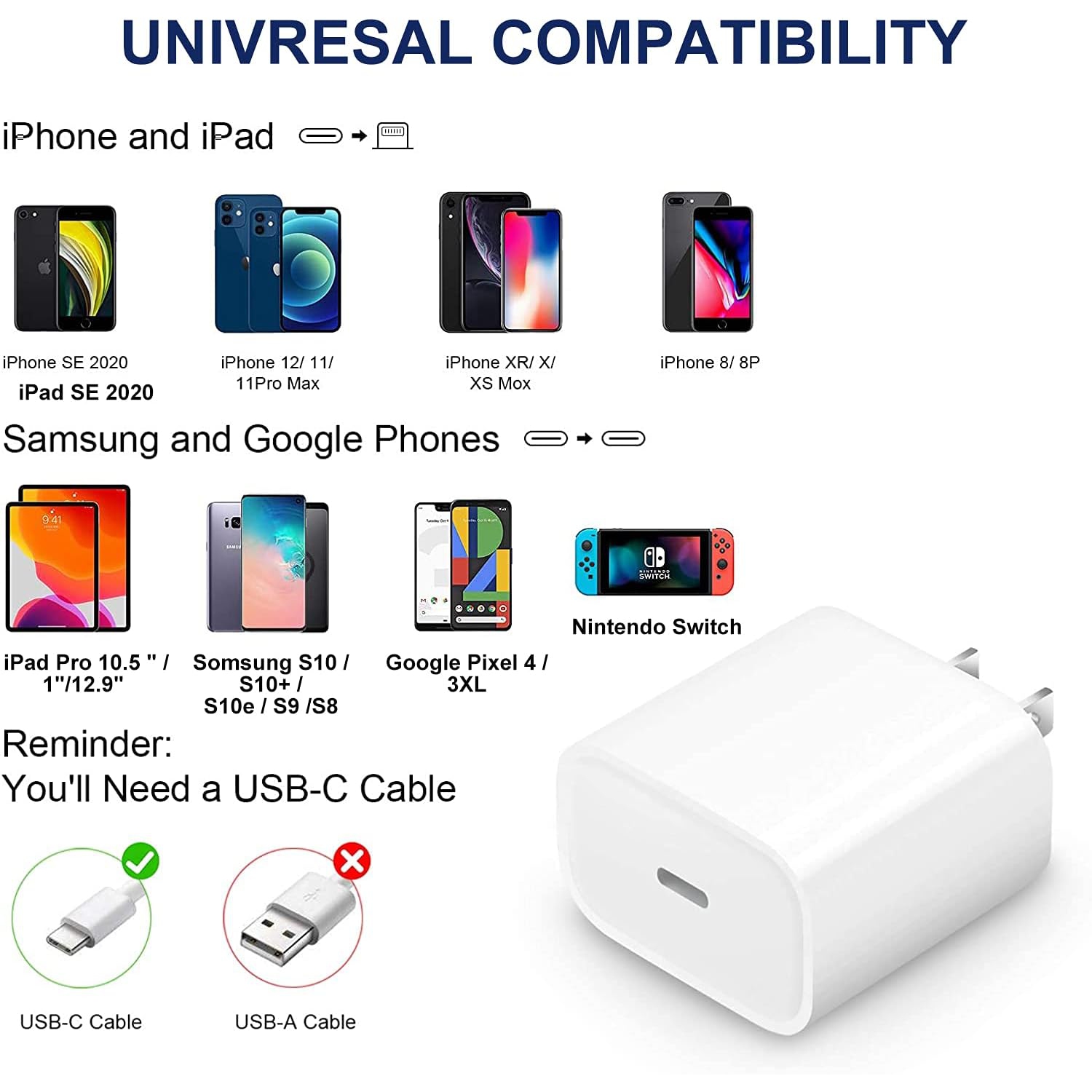 Chargeur mural rapide PD de type C de 20&nbsp;W pour iPhone 15/15 Pro/15 Plus/15 Pro Max, iPad Pro/Air/Mini, Air Pod Pro - Comprend un câble USB-C à