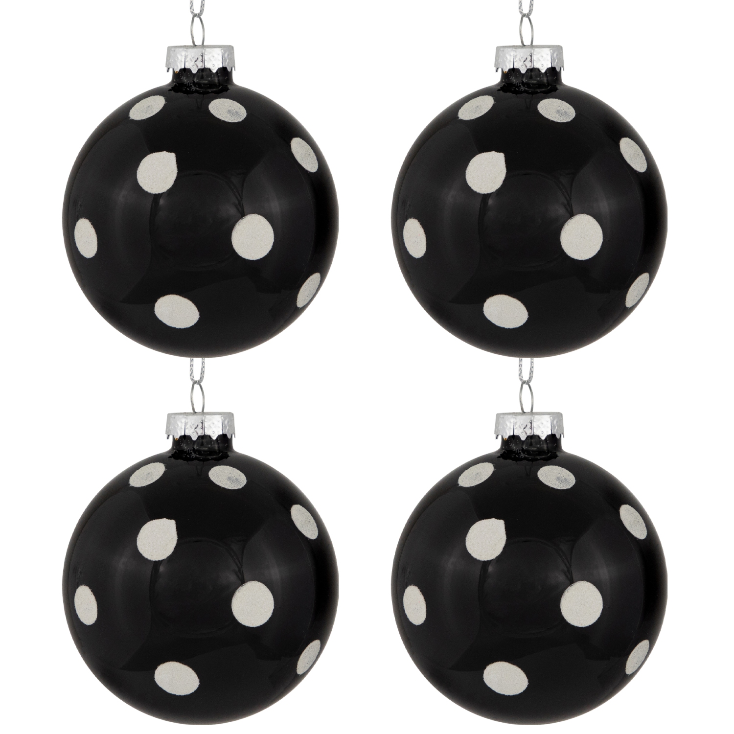 Shiny Finish Polka Dots Christmas Glass Ball Ornaments - 3" - Black and White - Set of 4