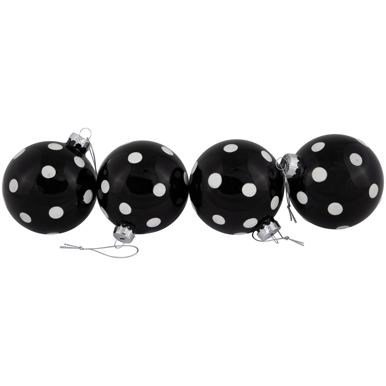 Shiny Finish Polka Dots Christmas Glass Ball Ornaments - 3" - Black and White - Set of 4