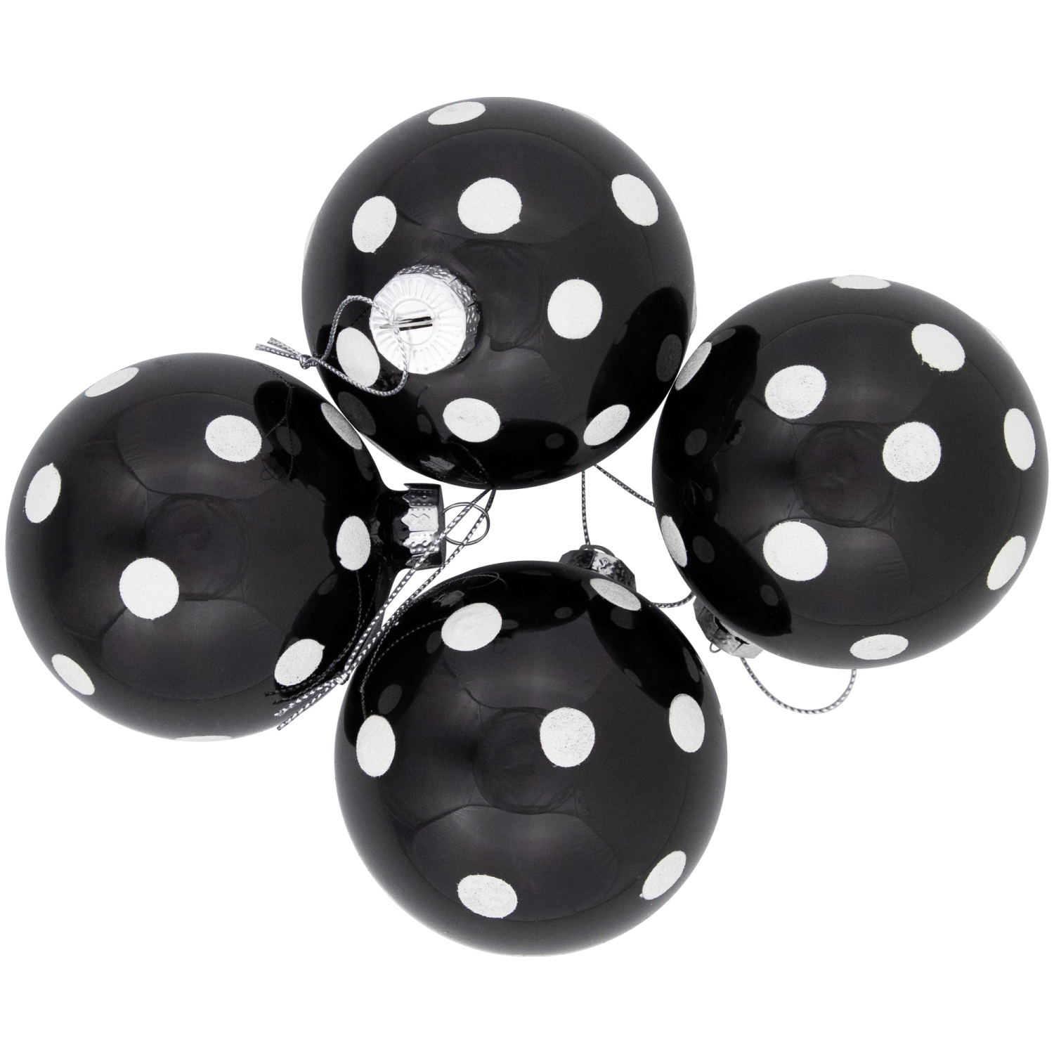 Shiny Finish Polka Dots Christmas Glass Ball Ornaments - 3" - Black and White - Set of 4