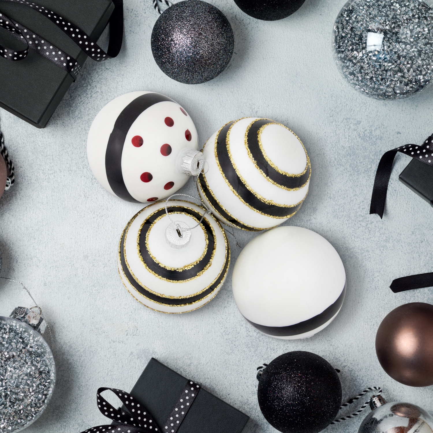 Shiny Finish Striped Christmas Glass Ball Ornaments - 3" - White and Black - Set of 4