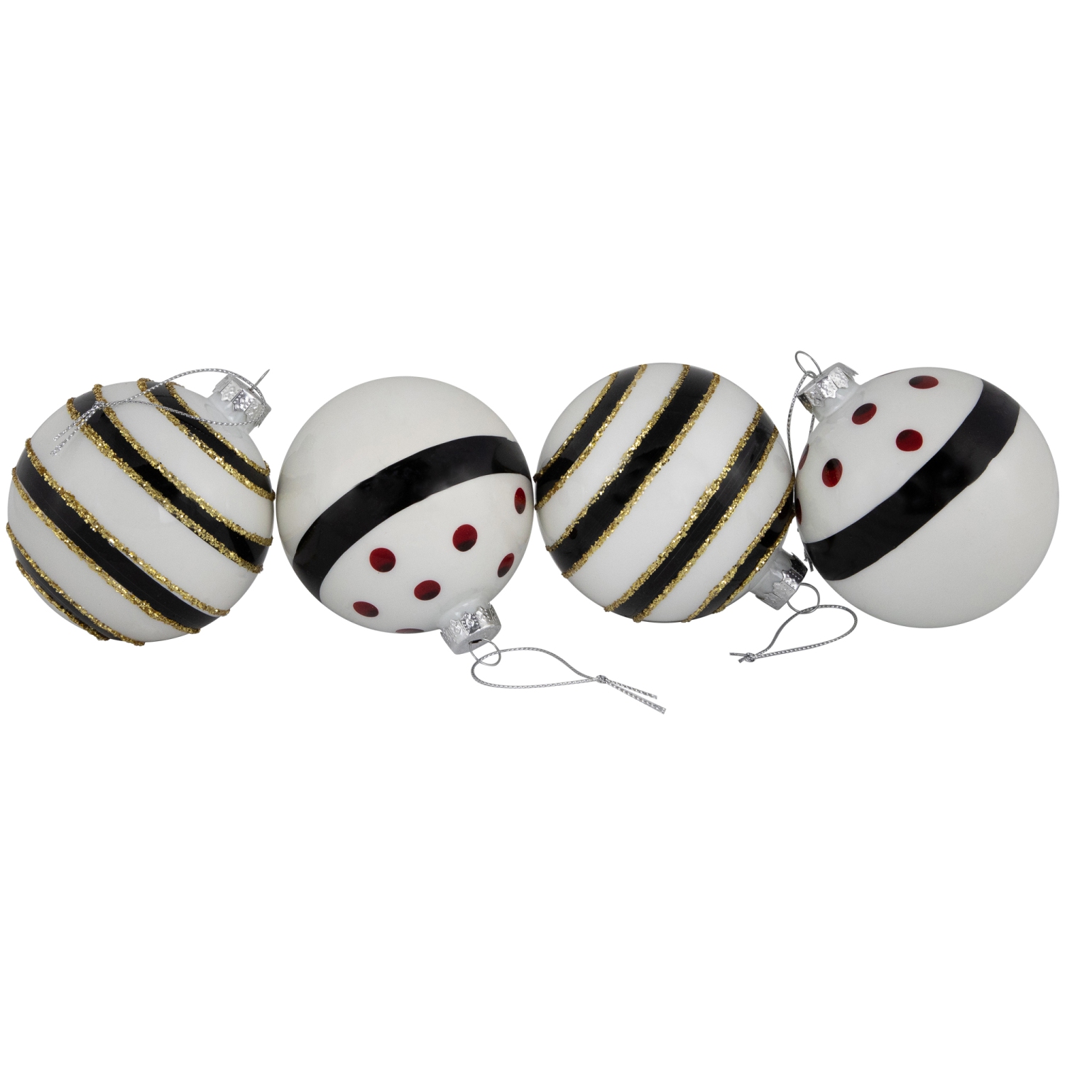 Shiny Finish Striped Christmas Glass Ball Ornaments - 3" - White and Black - Set of 4