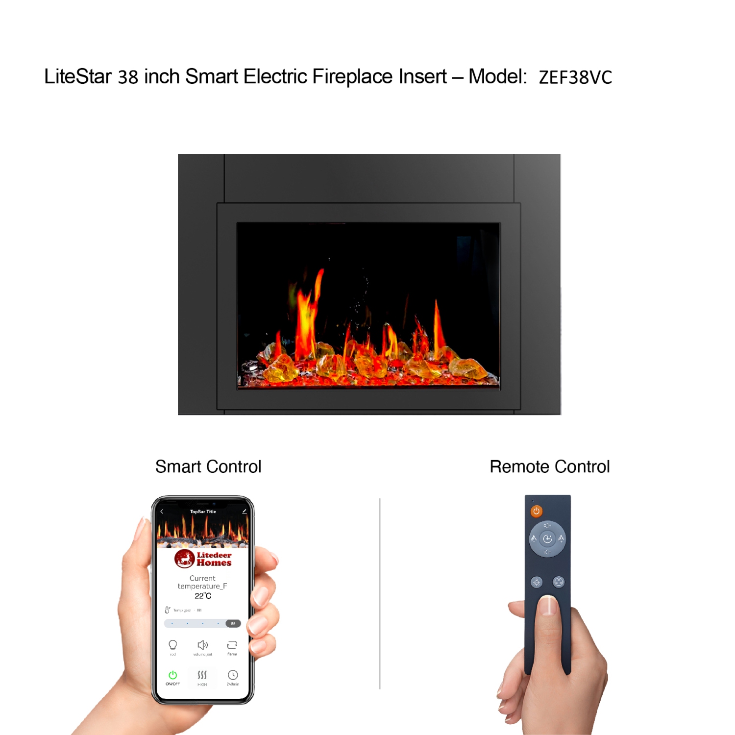 LiteDeer Homes – foyer électrique intelligent LiteStar de 38 po avec application, crépitements de feu, verre ambré réfléchissant, noir - ZEF38VC-A