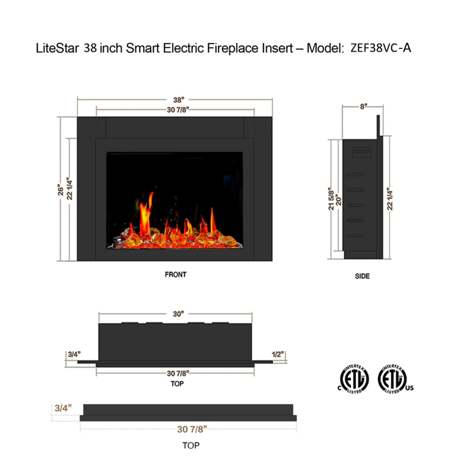 LiteDeer Homes – foyer électrique intelligent LiteStar de 38 po avec application, crépitements de feu, verre ambré réfléchissant, noir - ZEF38VC-A