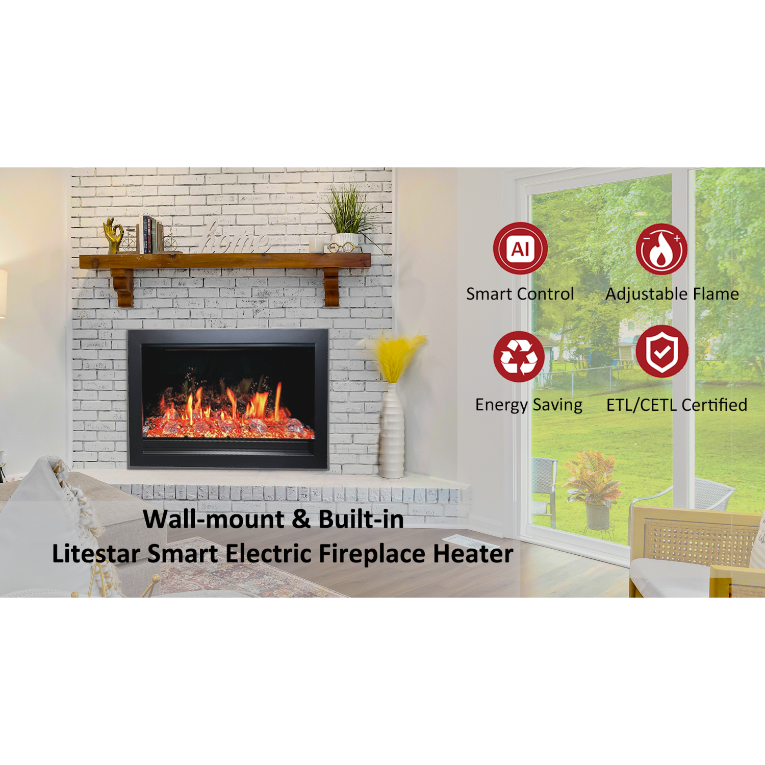 LiteDeer Homes – foyer électrique intelligent LiteStar de 33 po avec application, crépitements de feu, cristal semblable au diamant, noir –