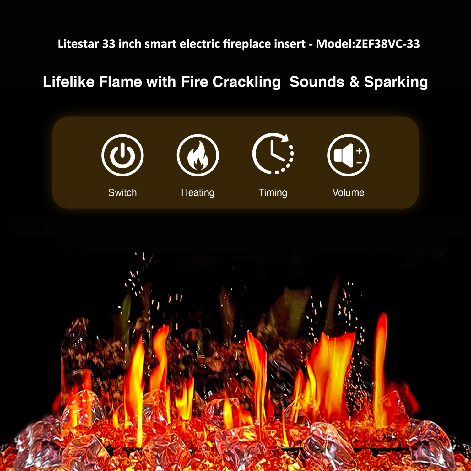 LiteDeer Homes – foyer électrique intelligent LiteStar de 33 po avec application, crépitements de feu, cristal semblable au diamant, noir –