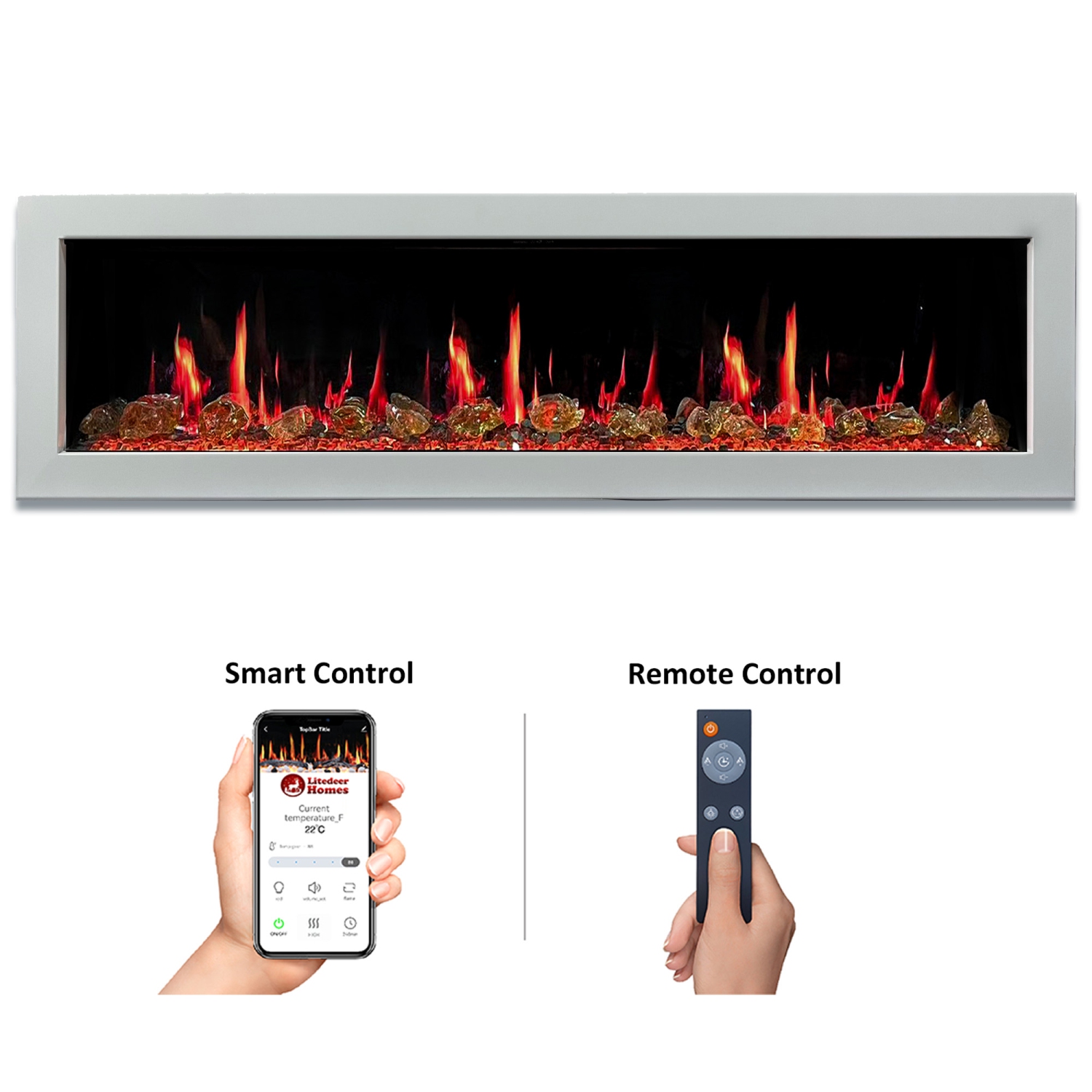 LiteDeer Homes – foyer électrique intelligent Gloira II de 68 po avec application, crépitements de feu, verre ambré réfléchissant, blanc - ZEF68XAW