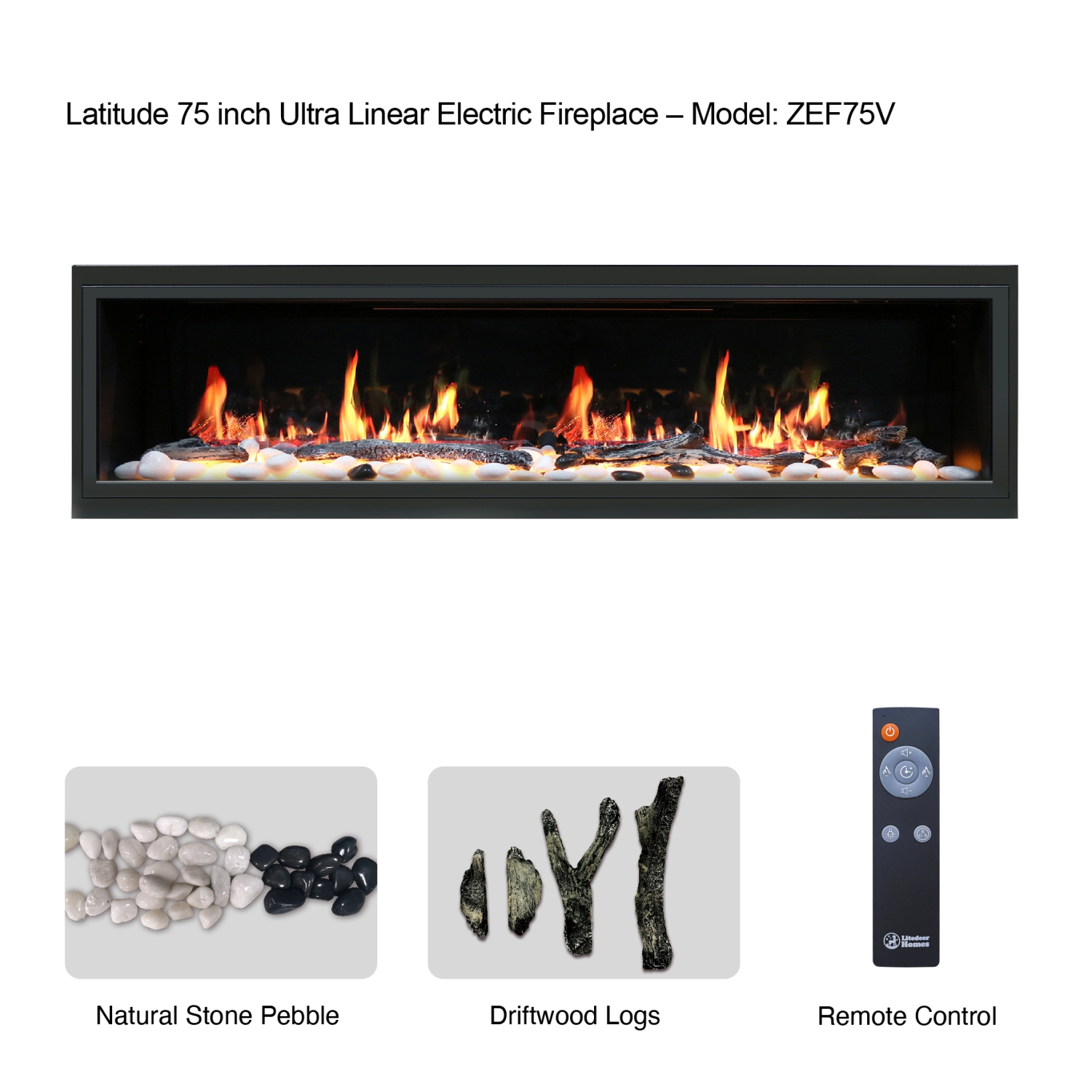 2025 New Litedeer Homes Latitude 75-inch Ultra-Sleek Smart Electric Fireplace, Multi-Flame LED, Driftwood Logs&River Rocks, WiFi/App-Control,