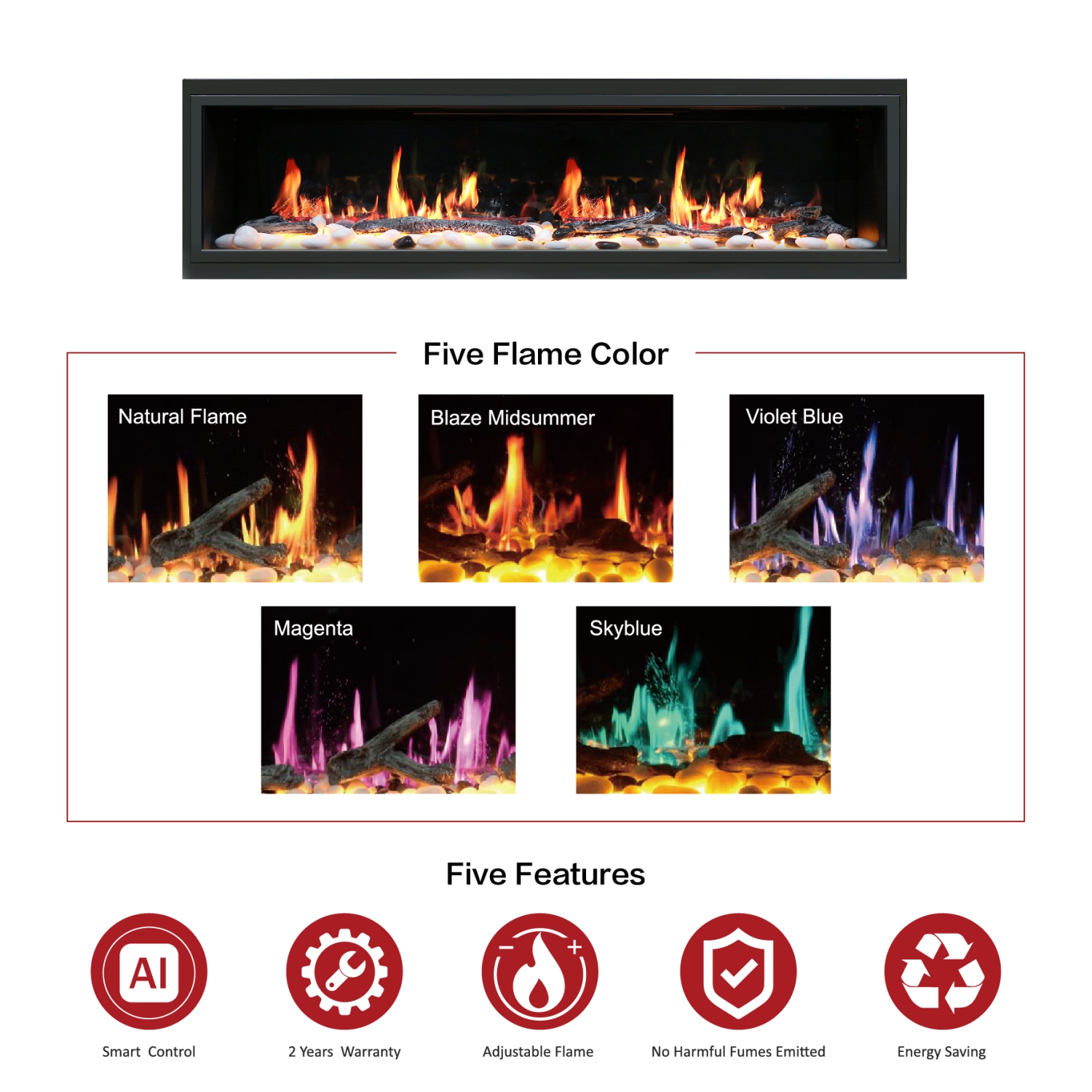 2025 New Litedeer Homes Latitude 75-inch Ultra-Sleek Smart Electric Fireplace, Multi-Flame LED, Driftwood Logs&River Rocks, WiFi/App-Control,