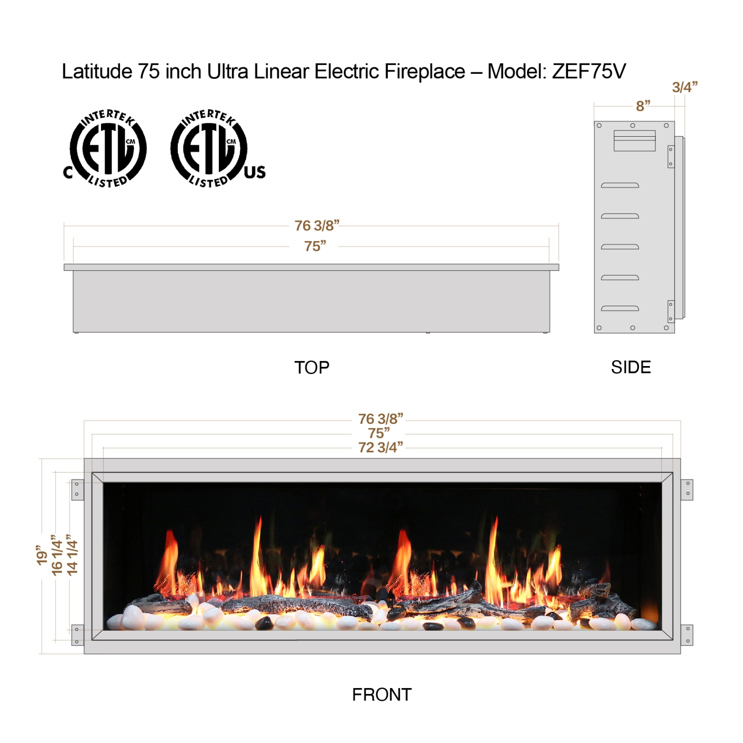 2025 New Litedeer Homes Latitude 75-inch Ultra-Sleek Smart Electric Fireplace, Multi-Flame LED, Driftwood Logs&River Rocks, WiFi/App-Control,