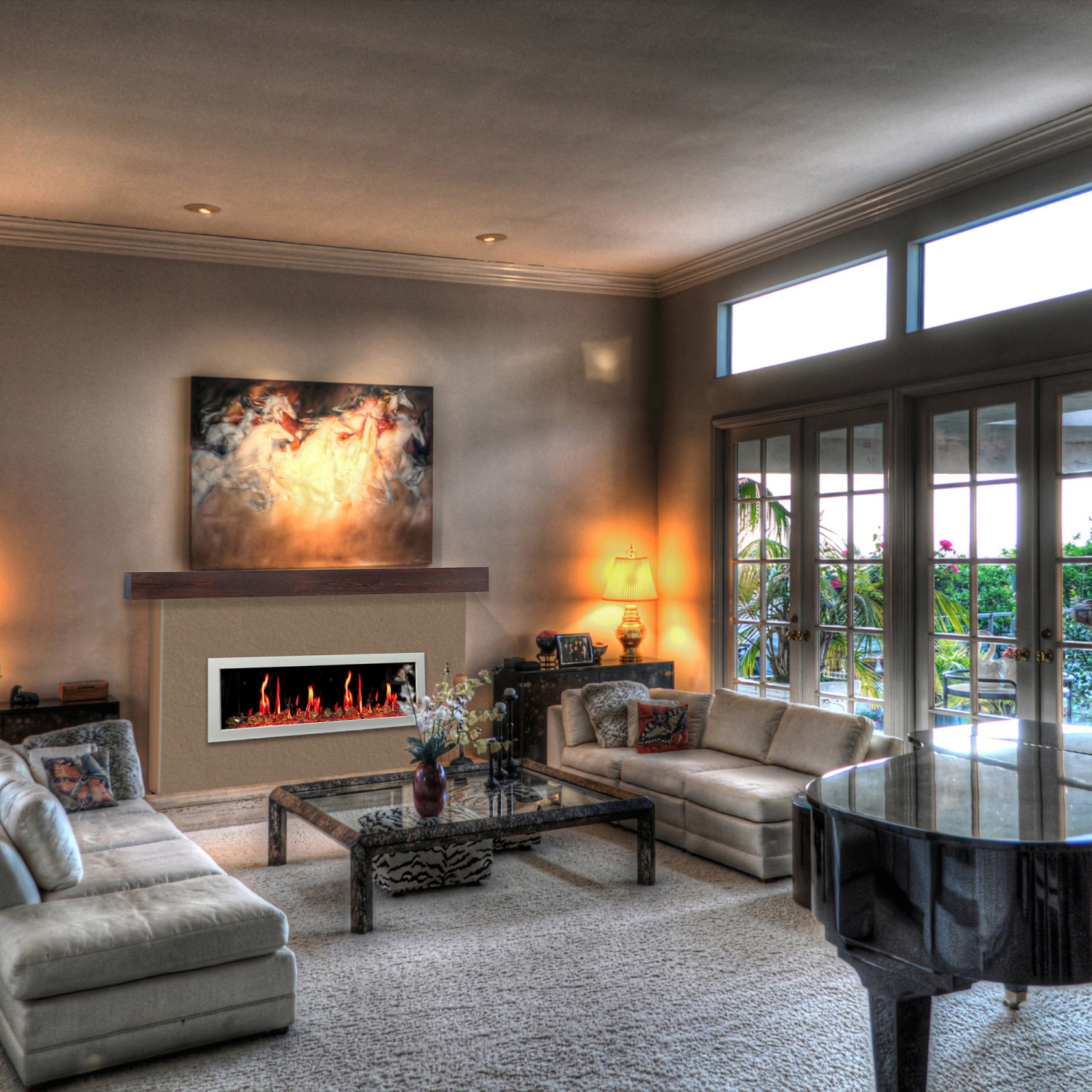 LiteDeer Homes – foyer électrique intelligent Gloira II de 48 po avec application, crépitements de feu, verre ambré réfléchissant, blanc - ZEF48XAW