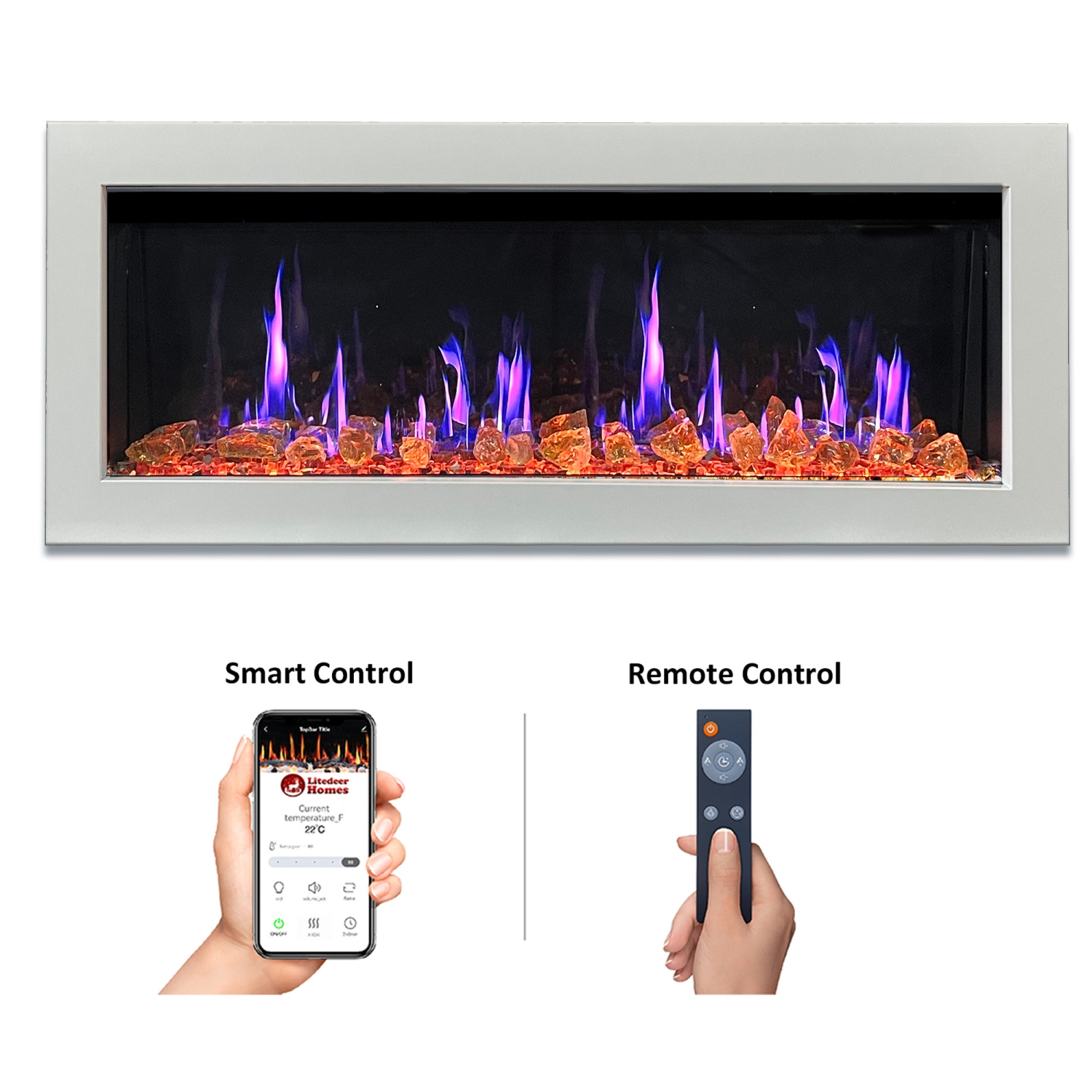LiteDeer Homes – foyer électrique intelligent Gloira II de 48 po avec application, crépitements de feu, verre ambré réfléchissant, blanc - ZEF48XAW