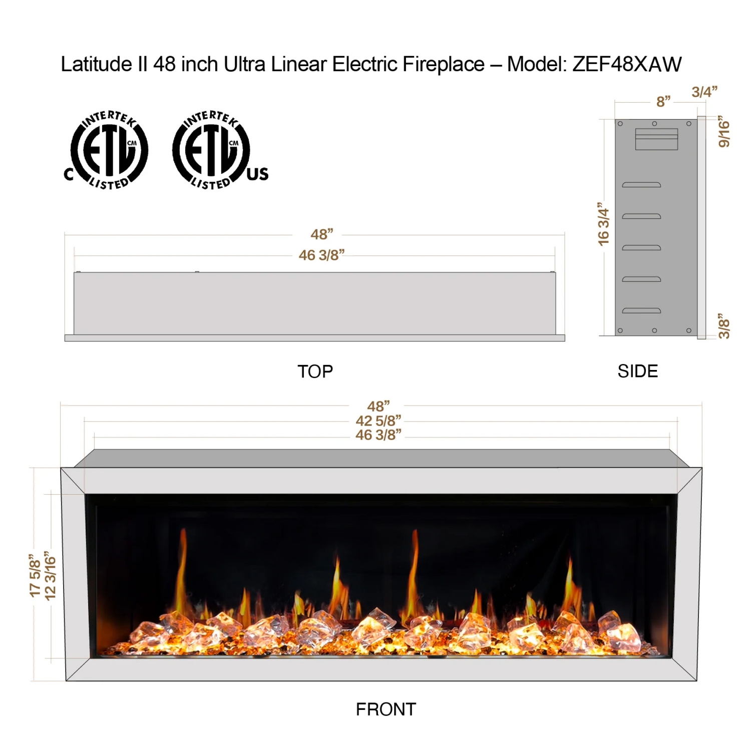 LiteDeer Homes – foyer électrique intelligent Gloira II de 48 po avec application, crépitements de feu, verre ambré réfléchissant, blanc - ZEF48XAW