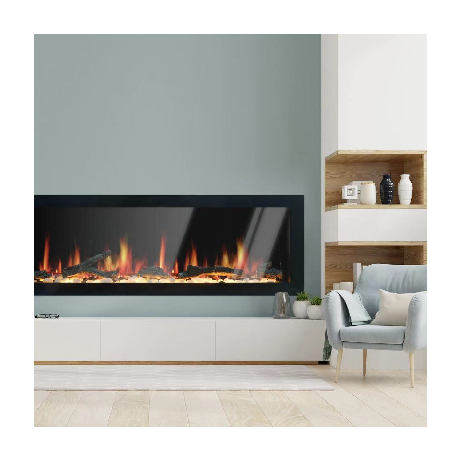 2025 Nouveau foyer électrique intelligent de 68&nbsp;po Homes Latitude II de Litedeer avec flammes multiples, bûches en bois flotté APP et roche