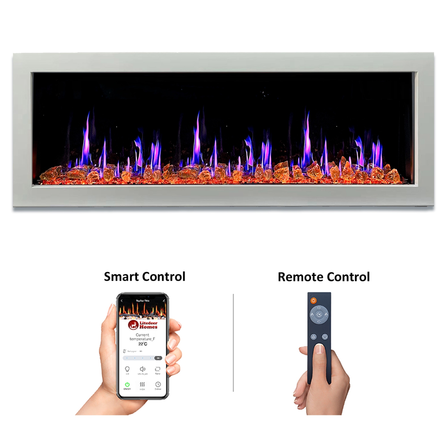 LiteDeer Homes – foyer électrique intelligent Gloira II de 58 po avec application, crépitements de feu, verre ambré réfléchissant, blanc - ZEF58VAW