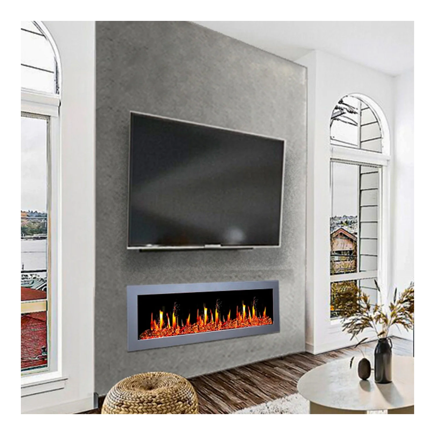 2025 Nouveau foyer électrique intelligent de 58&nbsp;po Gloria II de Litedeer Homes avec App Bûche en bois flotté et roche fluviale - ZEF58VS, argenté