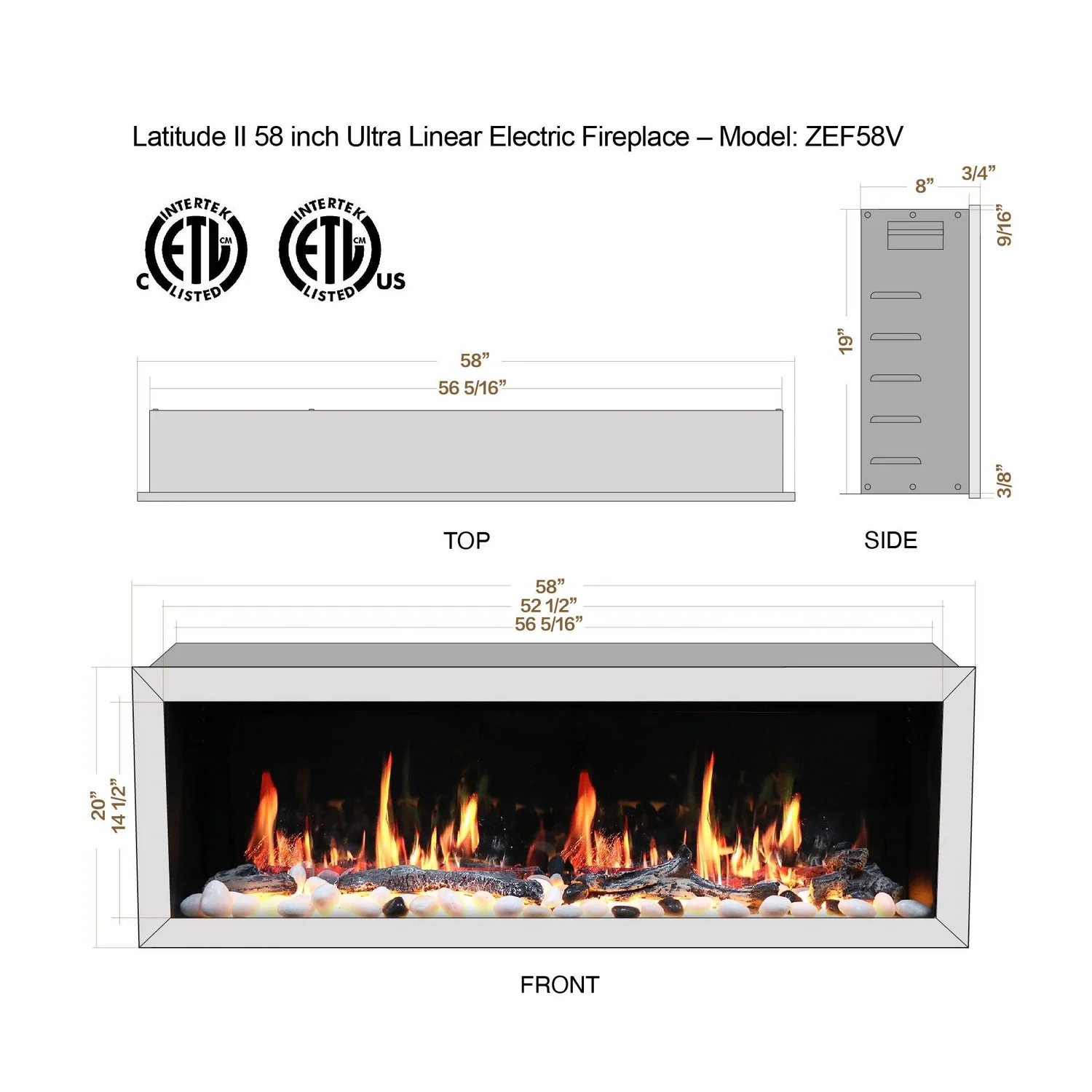 2025 Nouveau foyer électrique intelligent de 58&nbsp;po Gloria II de Litedeer Homes avec App Bûche en bois flotté et roche fluviale - ZEF58VS, argenté