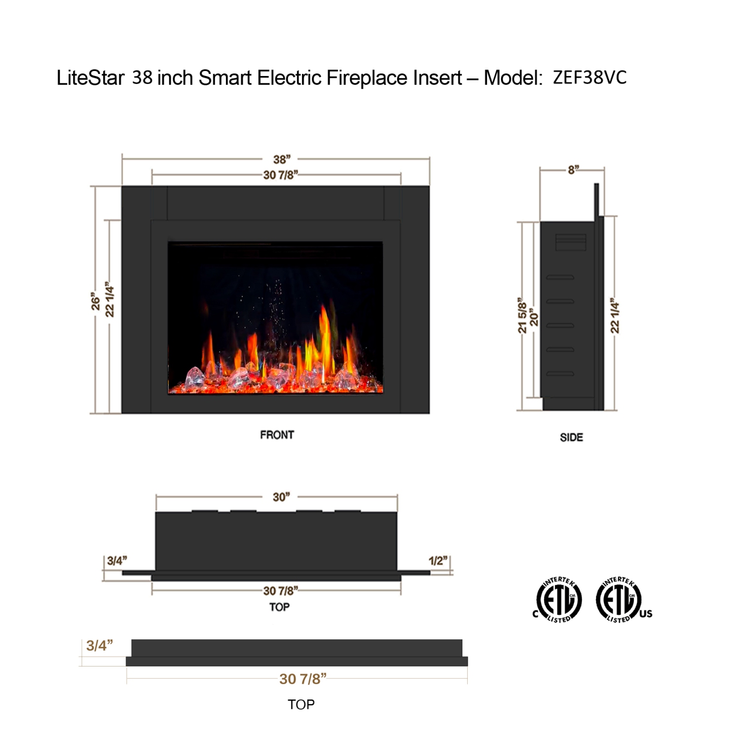 LiteDeer Homes – foyer électrique intelligent LiteStar de 38 po avec application, crépitements de feu, cristal semblable au diamant, noir – ZEF38VC-C.