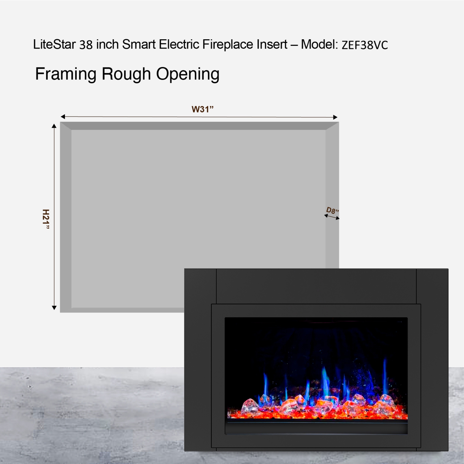 LiteDeer Homes – foyer électrique intelligent LiteStar de 38 po avec application, crépitements de feu, cristal semblable au diamant, noir – ZEF38VC-C.