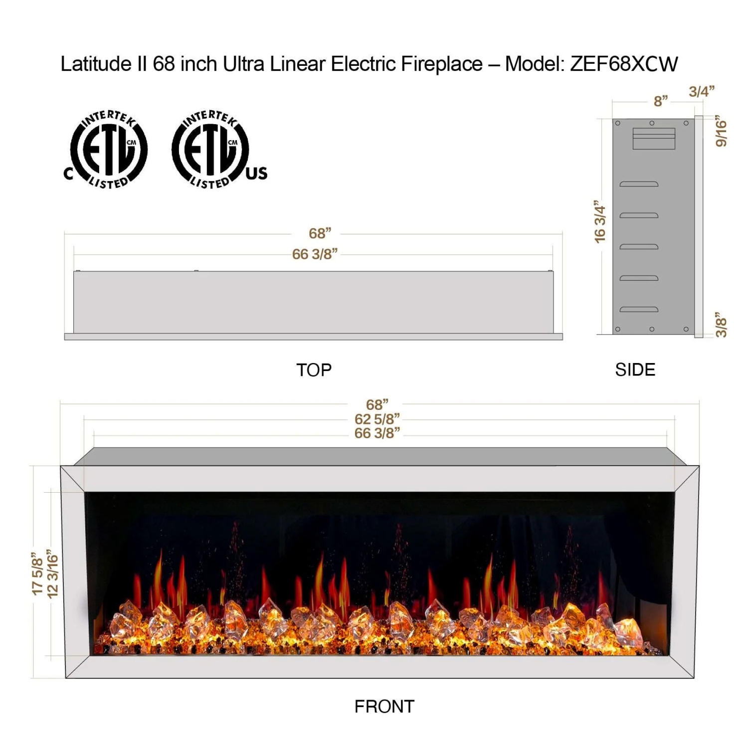 Foyer électrique intelligent de 68 po Gloria II de LiteDeer Homes avec application, crépitements de feu, cristal semblable au diamant, blanc -