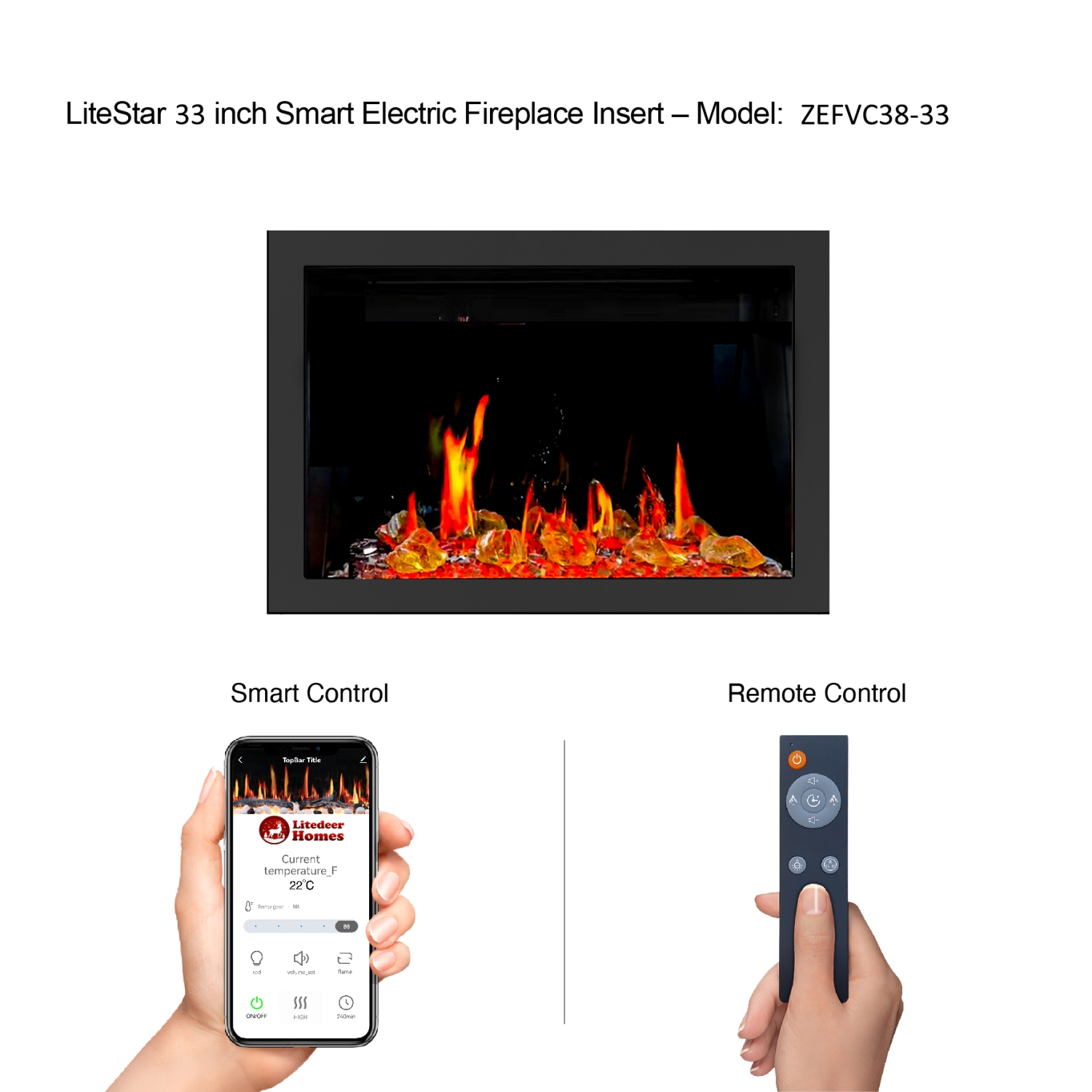 LiteDeer Homes – foyer électrique intelligent LiteStar de 33 po avec application, crépitements de feu, verre ambré réfléchissant, noir –
