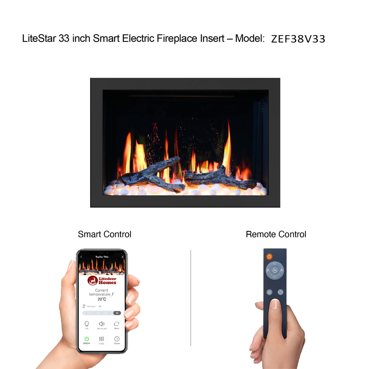 LiteDeer Homes – foyer électrique intelligent LiteStar de 33 po avec application, crépitements de feu, noir – ZEF38VC-33