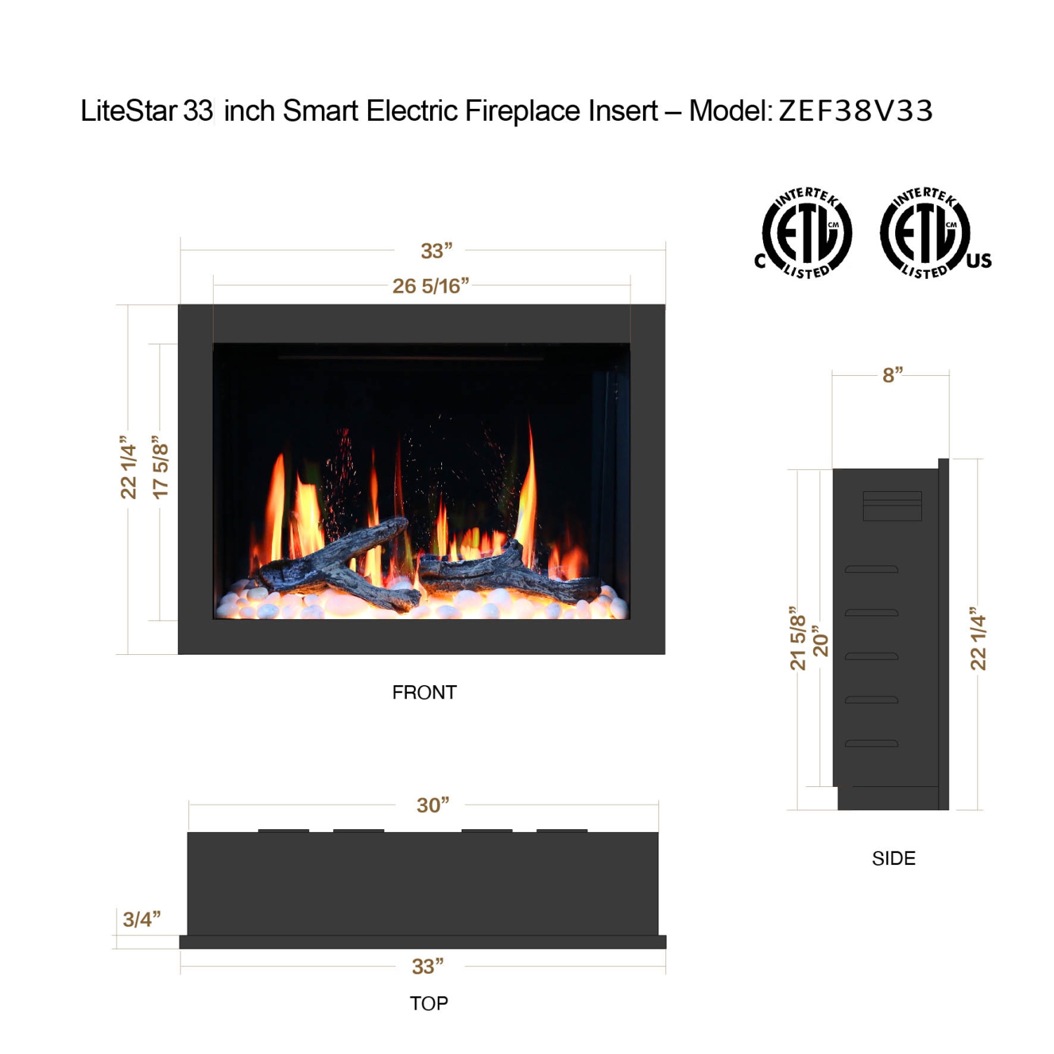 LiteDeer Homes – foyer électrique intelligent LiteStar de 33 po avec application, crépitements de feu, noir – ZEF38VC-33