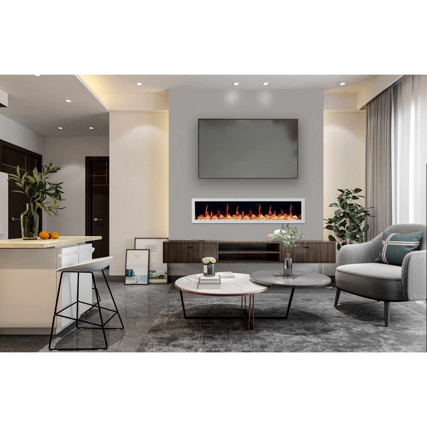 Foyer électrique intelligent de 78 po Gloria II de LiteDeer Homes avec application, crépitements de feu, cristal semblable au diamant, blanc -