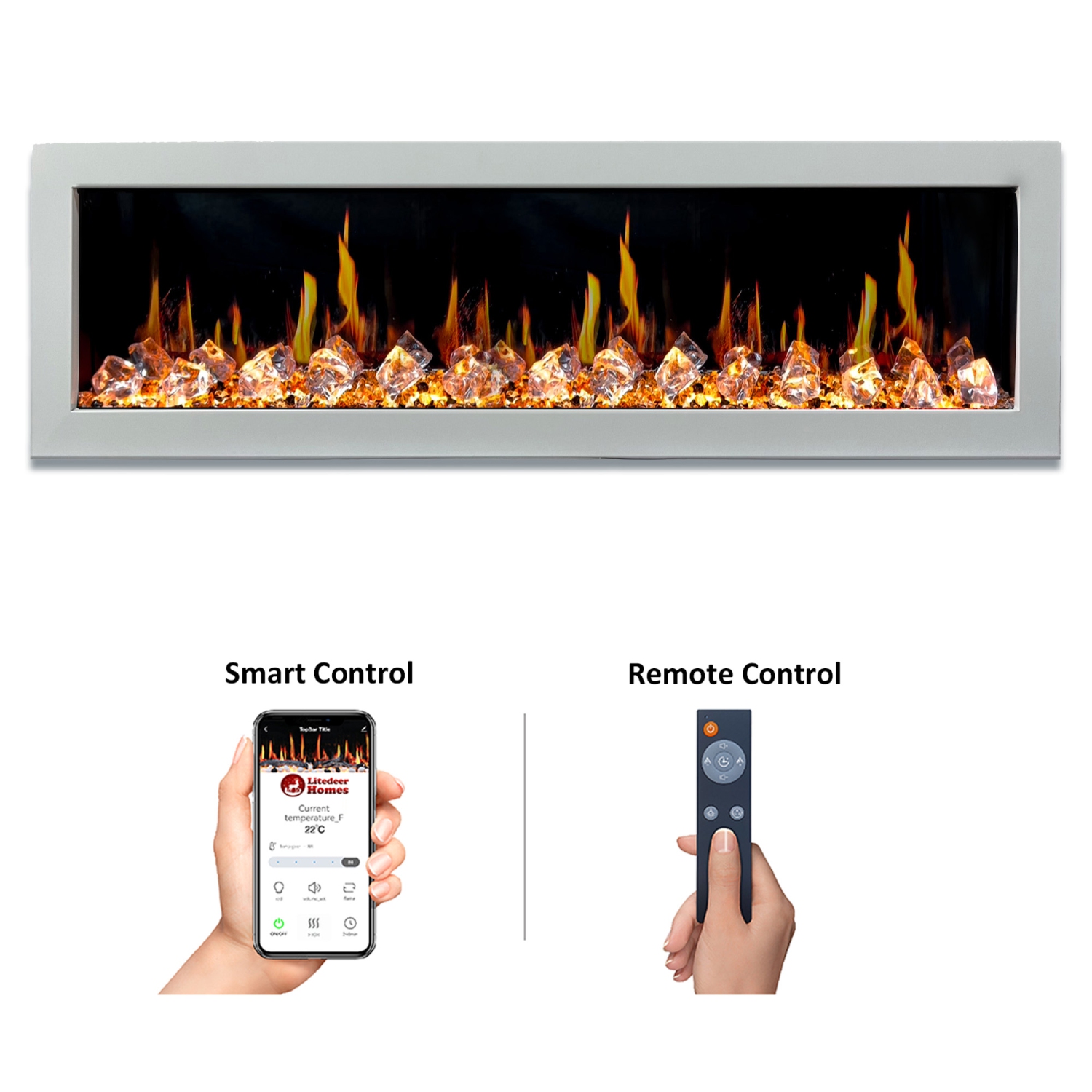 LiteDeer Homes – foyer électrique intelligent Gloira II de 68 po avec application, crépitements de feu, blanc - ZEF68XW
