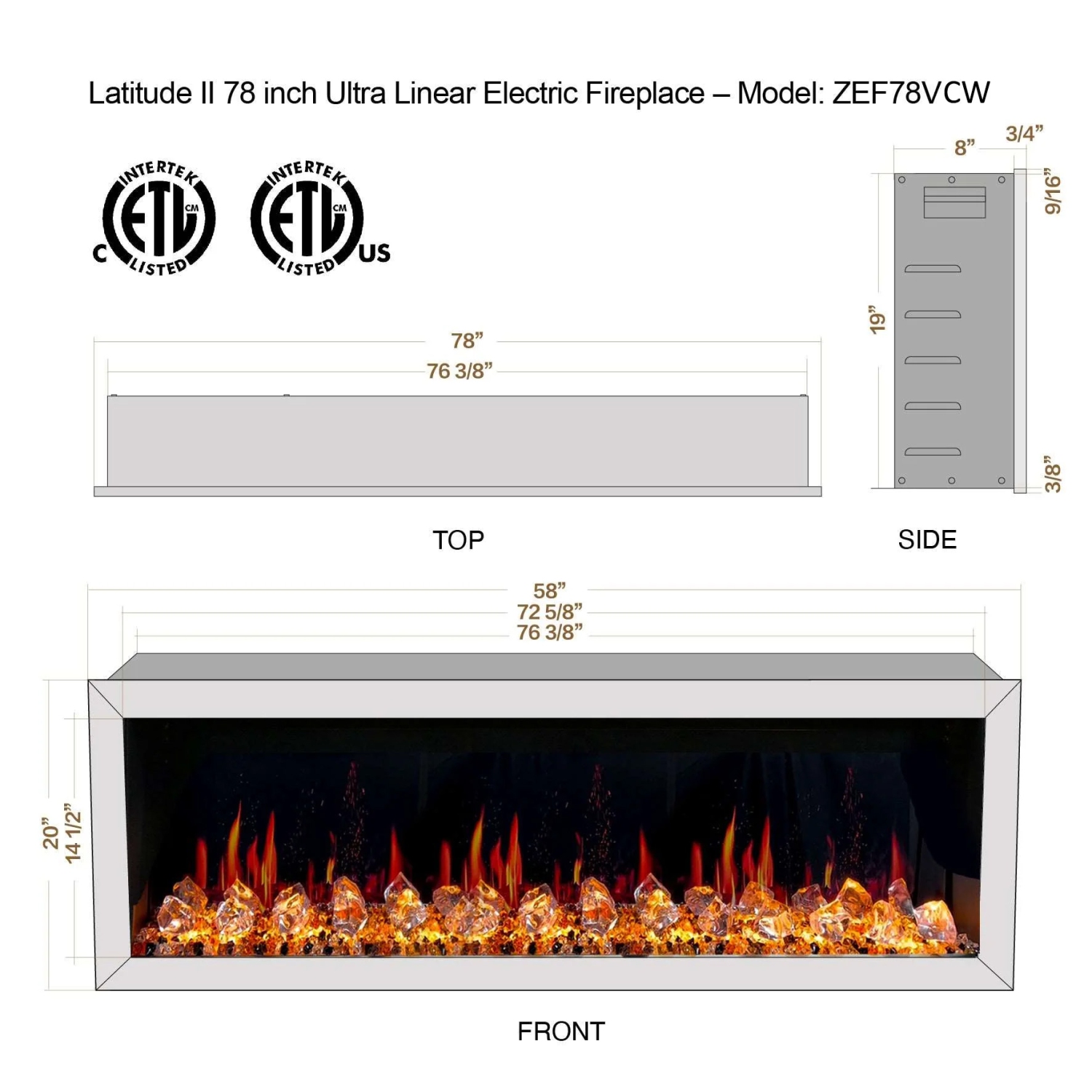 LiteDeer Homes – foyer électrique intelligent Gloira II de 78 po avec application, crépitements de feu, verre ambré réfléchissant, blanc - ZEF78VAW