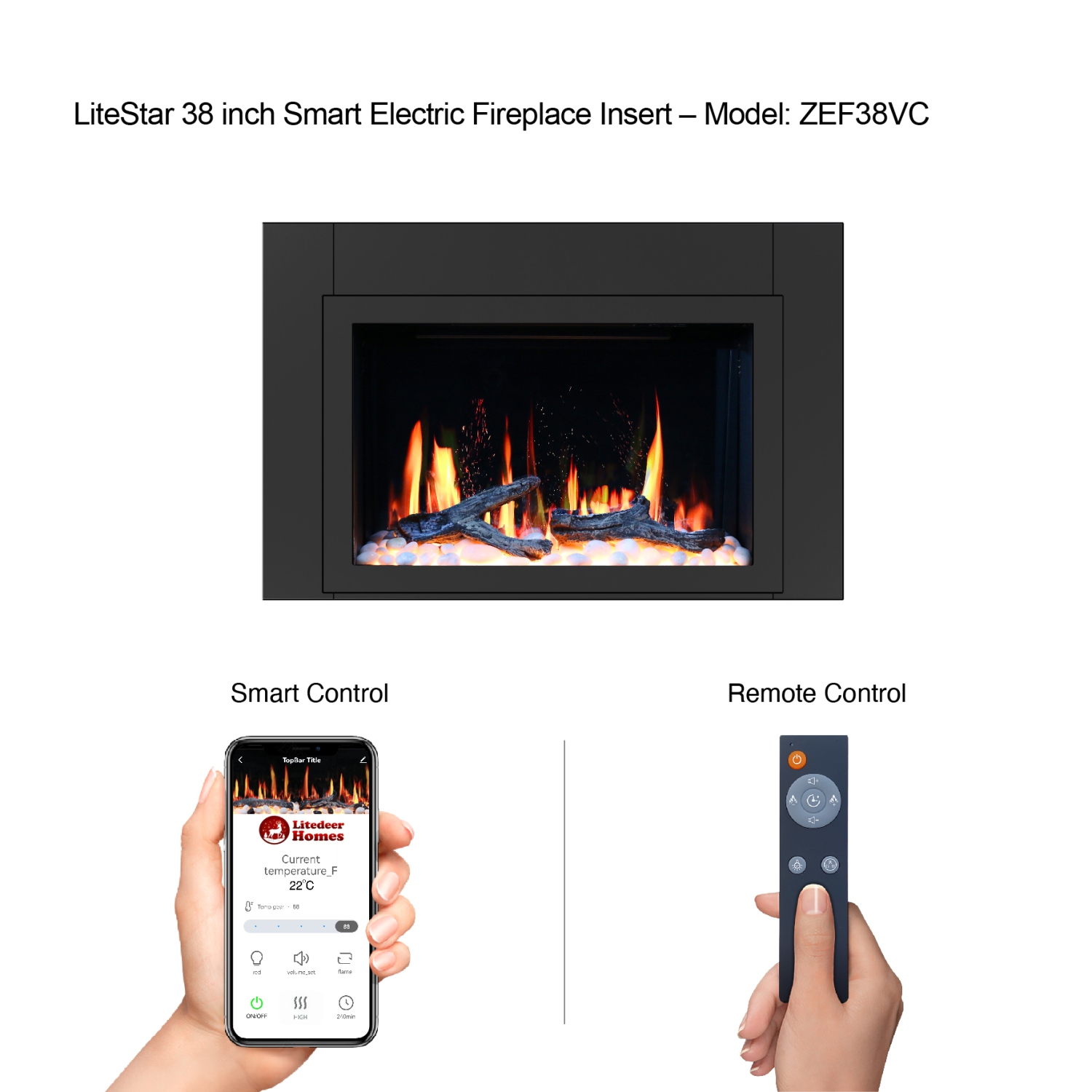 LiteDeer Homes – foyer électrique intelligent LiteStar de 38 po avec application, crépitements de feu, noir – ZEF38VC