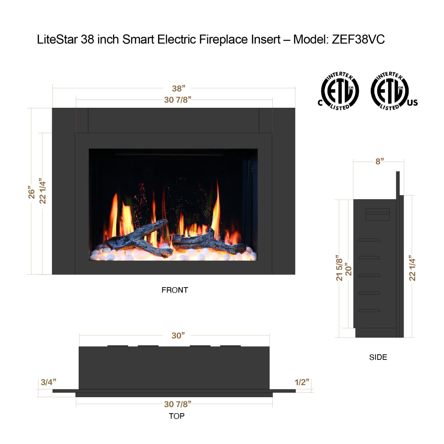 LiteDeer Homes – foyer électrique intelligent LiteStar de 38 po avec application, crépitements de feu, noir – ZEF38VC