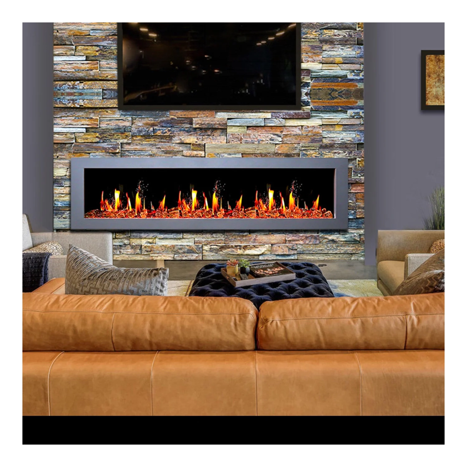 Foyer électrique intelligent de 68&nbsp;po Gloria II de Litedeer Homes avec bûche App en bois flotté et roche fluviale - ZEF68XS, argenté