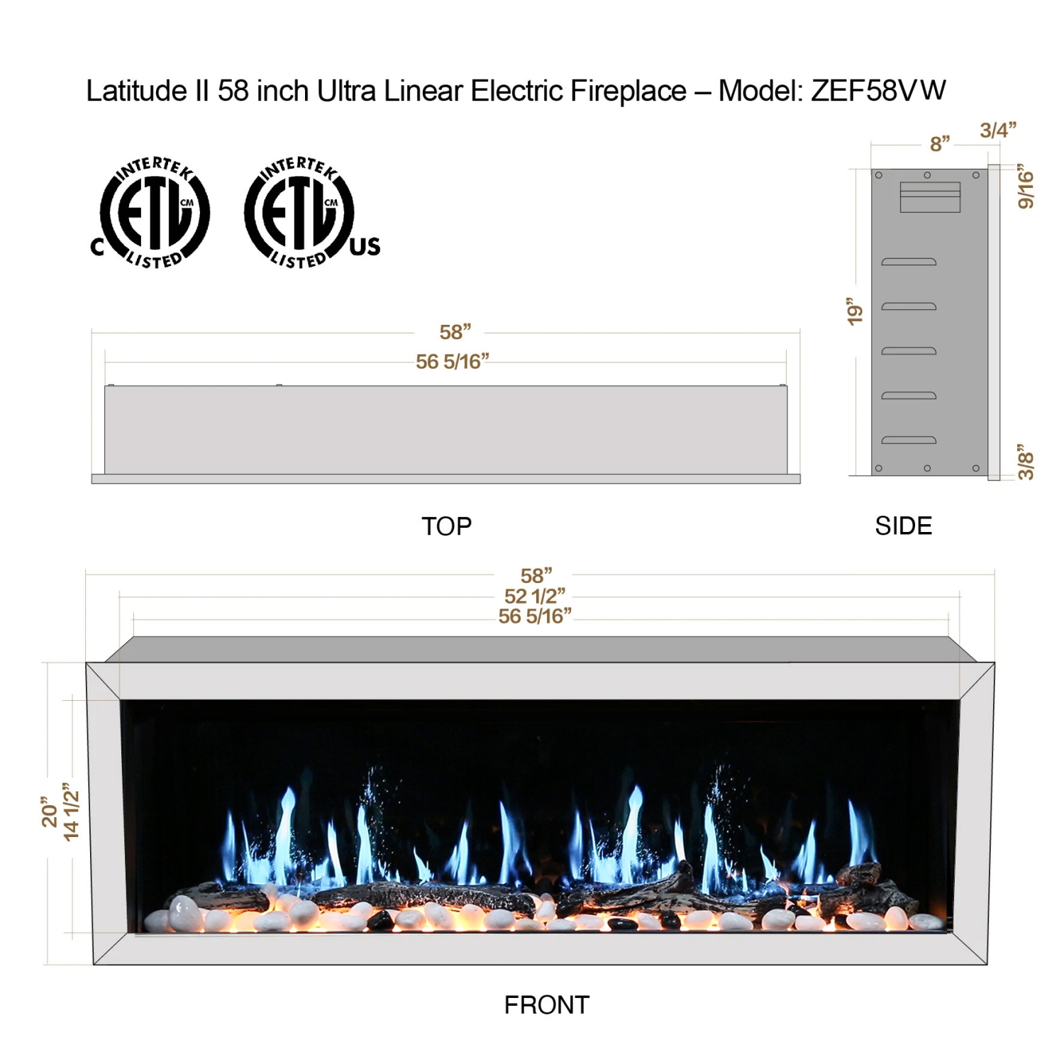 LiteDeer Homes – foyer électrique intelligent Gloira II de 58 po avec application, crépitements de feu, blanc - ZEF58VW