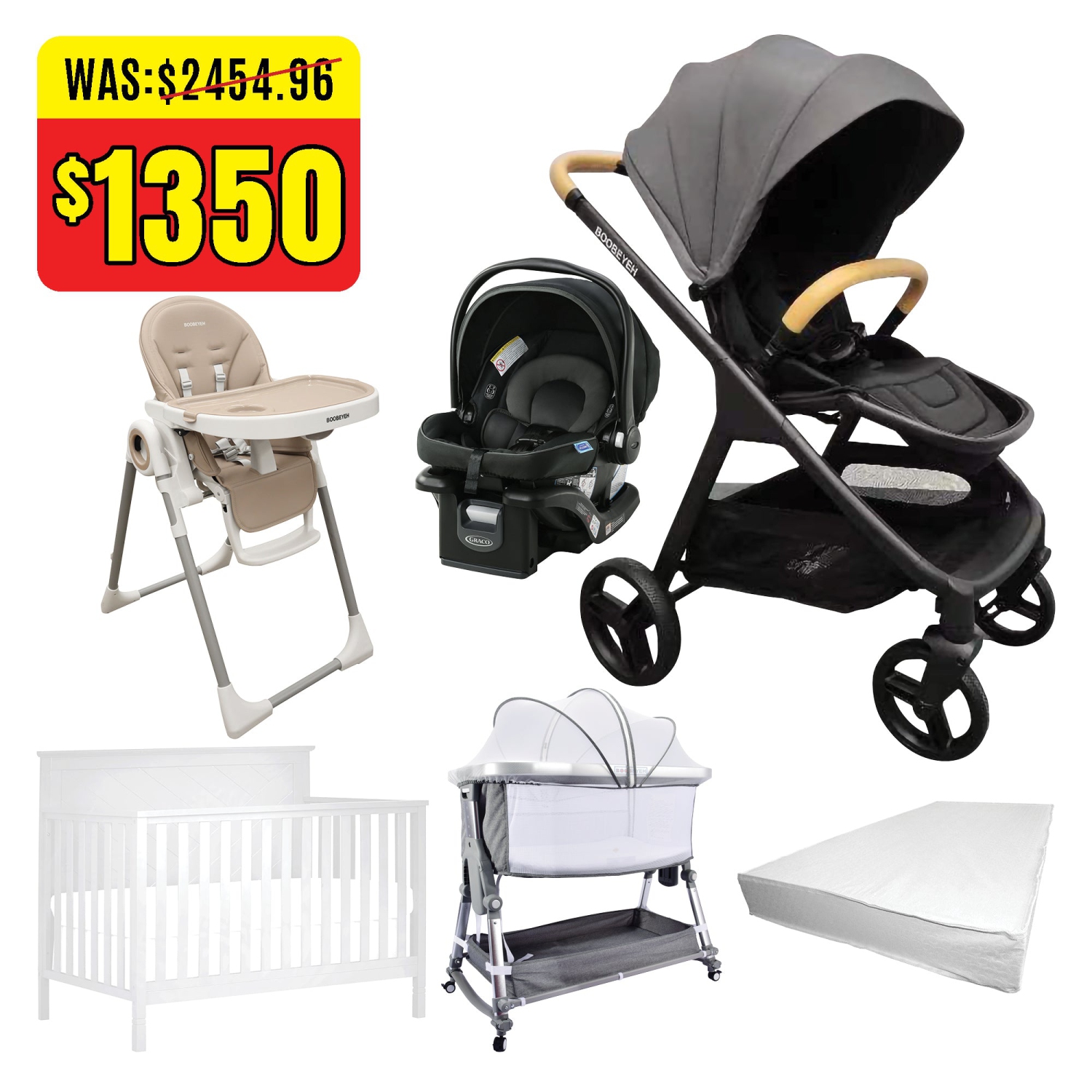 Boobeyeh stroller starter kit, Graco car seat, boobeyeh high chair, crib and basic mattress