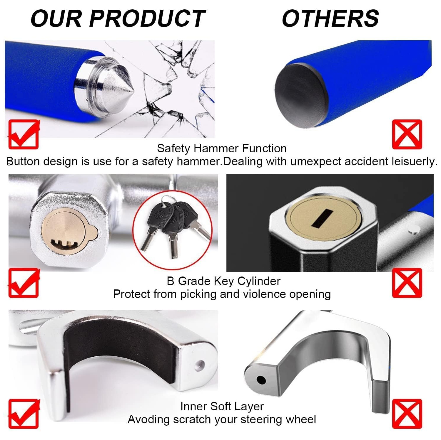 Steering Wheel Lock for Cars,Wheel Lock,Vehicle Anti-Theft Lock,Adjustable Length Clamp Double Hook Universal Fit Emergency Hammer Window Breaker