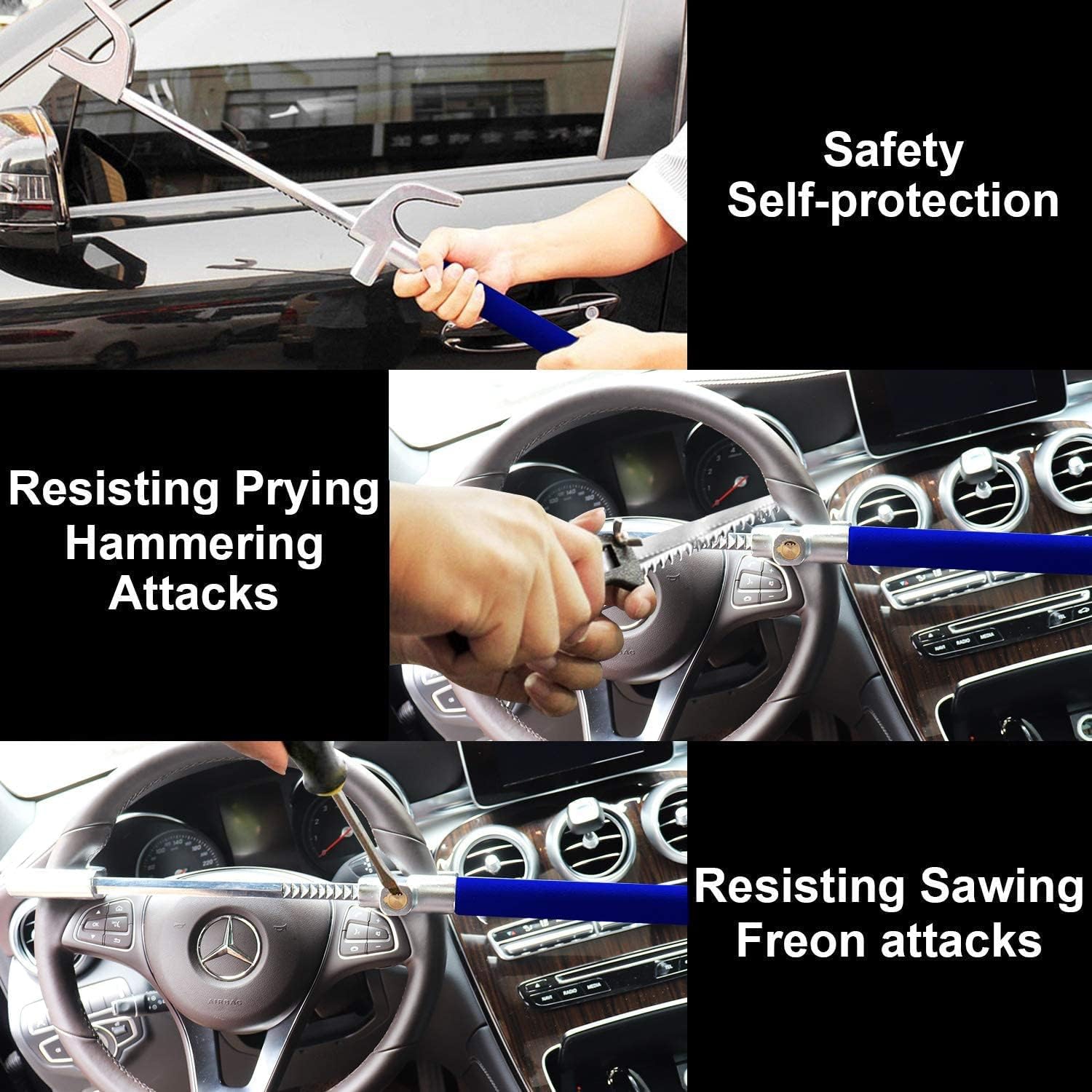 Steering Wheel Lock for Cars,Wheel Lock,Vehicle Anti-Theft Lock,Adjustable Length Clamp Double Hook Universal Fit Emergency Hammer Window Breaker