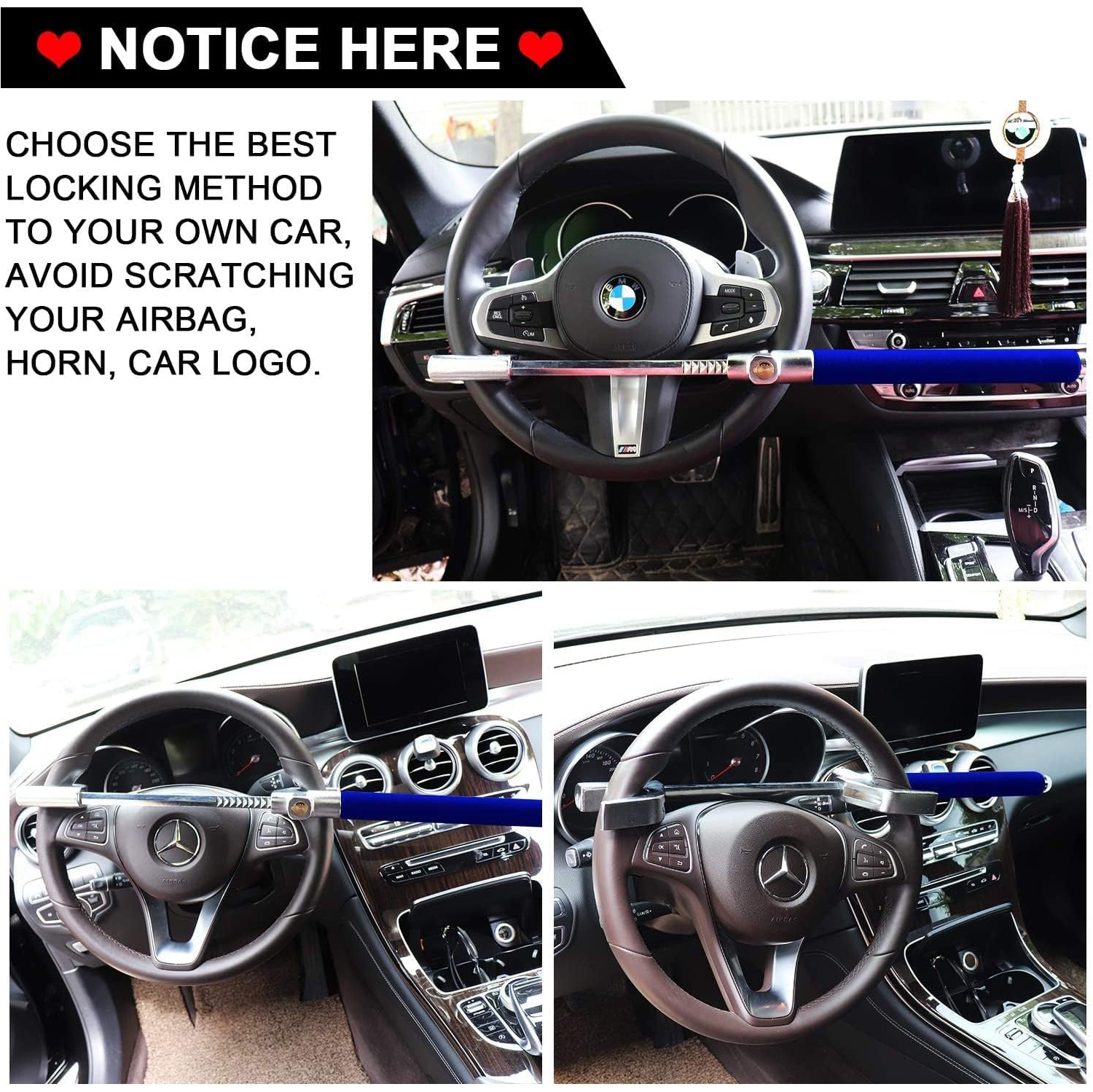 Steering Wheel Lock for Cars,Wheel Lock,Vehicle Anti-Theft Lock,Adjustable Length Clamp Double Hook Universal Fit Emergency Hammer Window Breaker