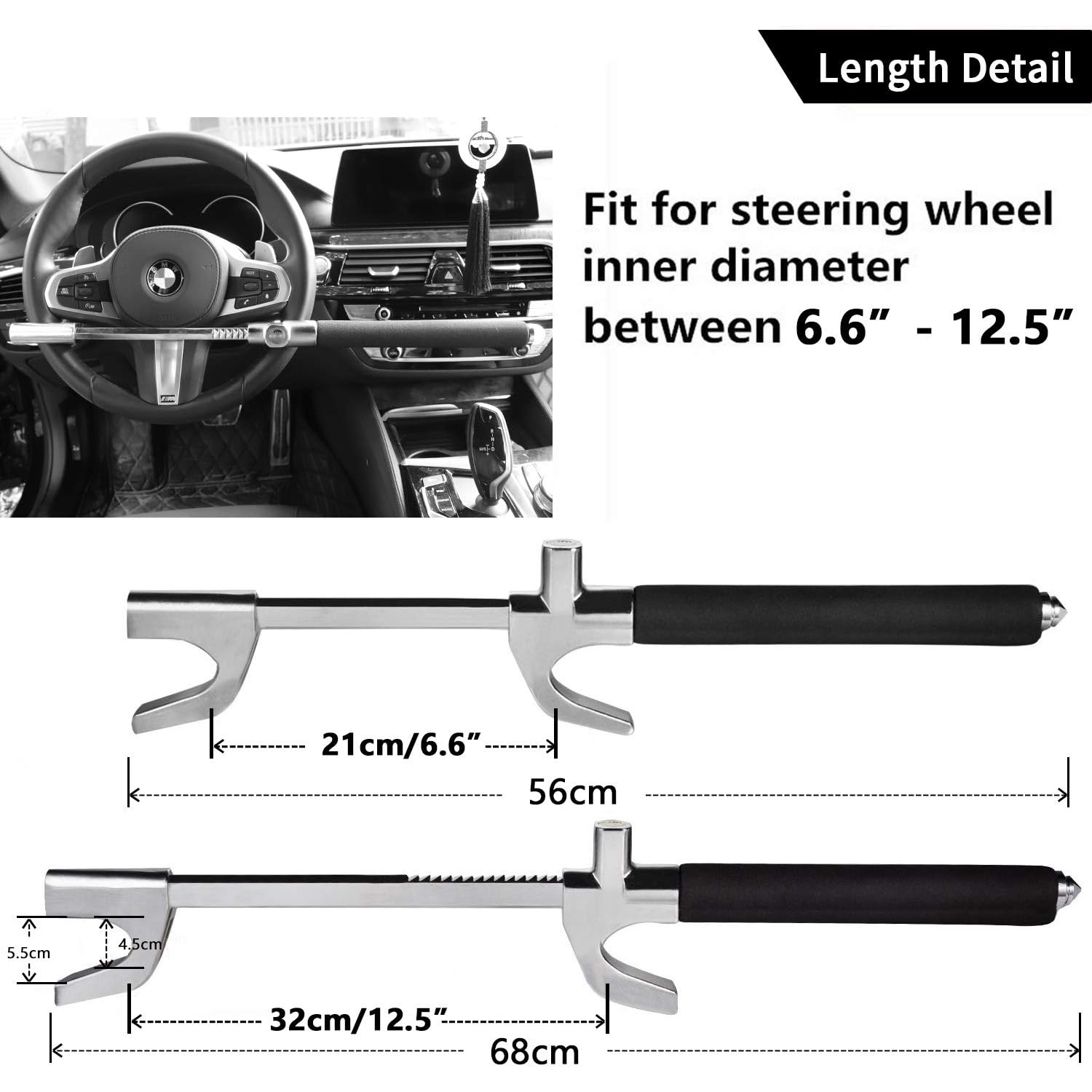 Steering Wheel Lock for Cars,Wheel Lock,Vehicle Anti-Theft Lock,Adjustable Length Clamp Double Hook Universal Fit Emergency Hammer Window Breaker