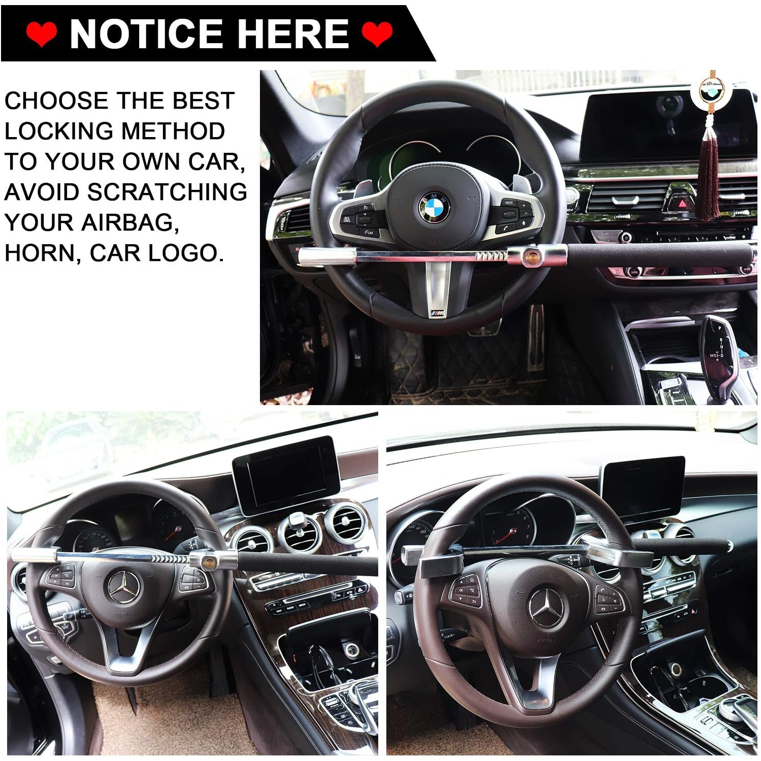 Steering Wheel Lock for Cars,Wheel Lock,Vehicle Anti-Theft Lock,Adjustable Length Clamp Double Hook Universal Fit Emergency Hammer Window Breaker