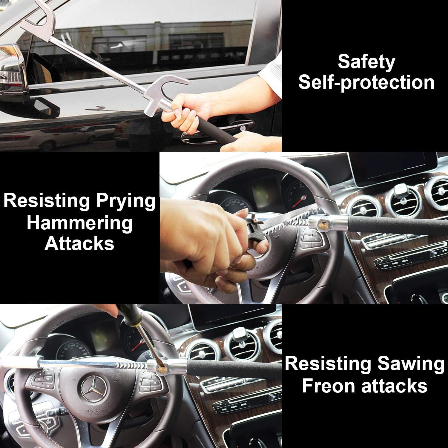 Steering Wheel Lock for Cars,Wheel Lock,Vehicle Anti-Theft Lock,Adjustable Length Clamp Double Hook Universal Fit Emergency Hammer Window Breaker